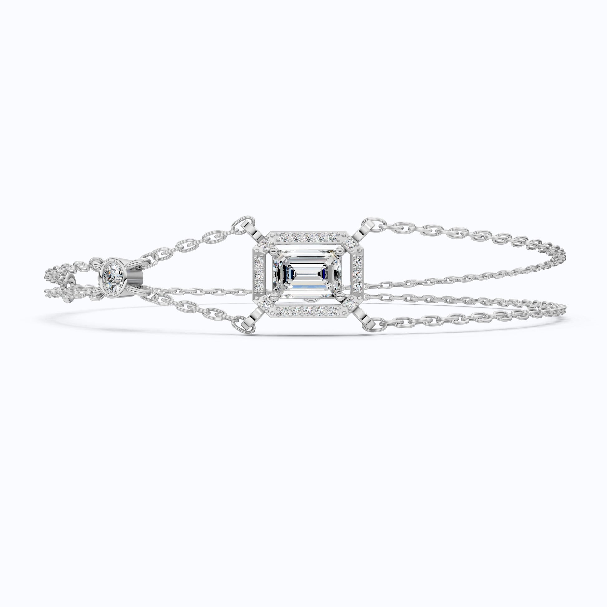 Dainty Emerald Halo Double Chain Bracelet in 14k Solid Gold, 0.75 CT Emerald Cut Lab Grown Diamond, Everyday Bracelet, Wedding Gift for Her