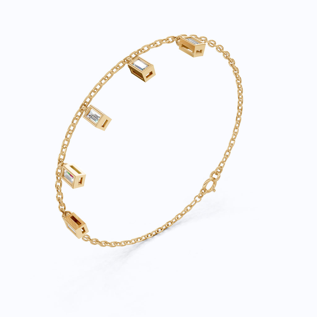 Modern Baguette Drop Charm Bracelet in 14k Solid Gold, 0.7 TCW Baguette Cut Lab Created Diamonds, Gift for Her, Bridal Jewelry