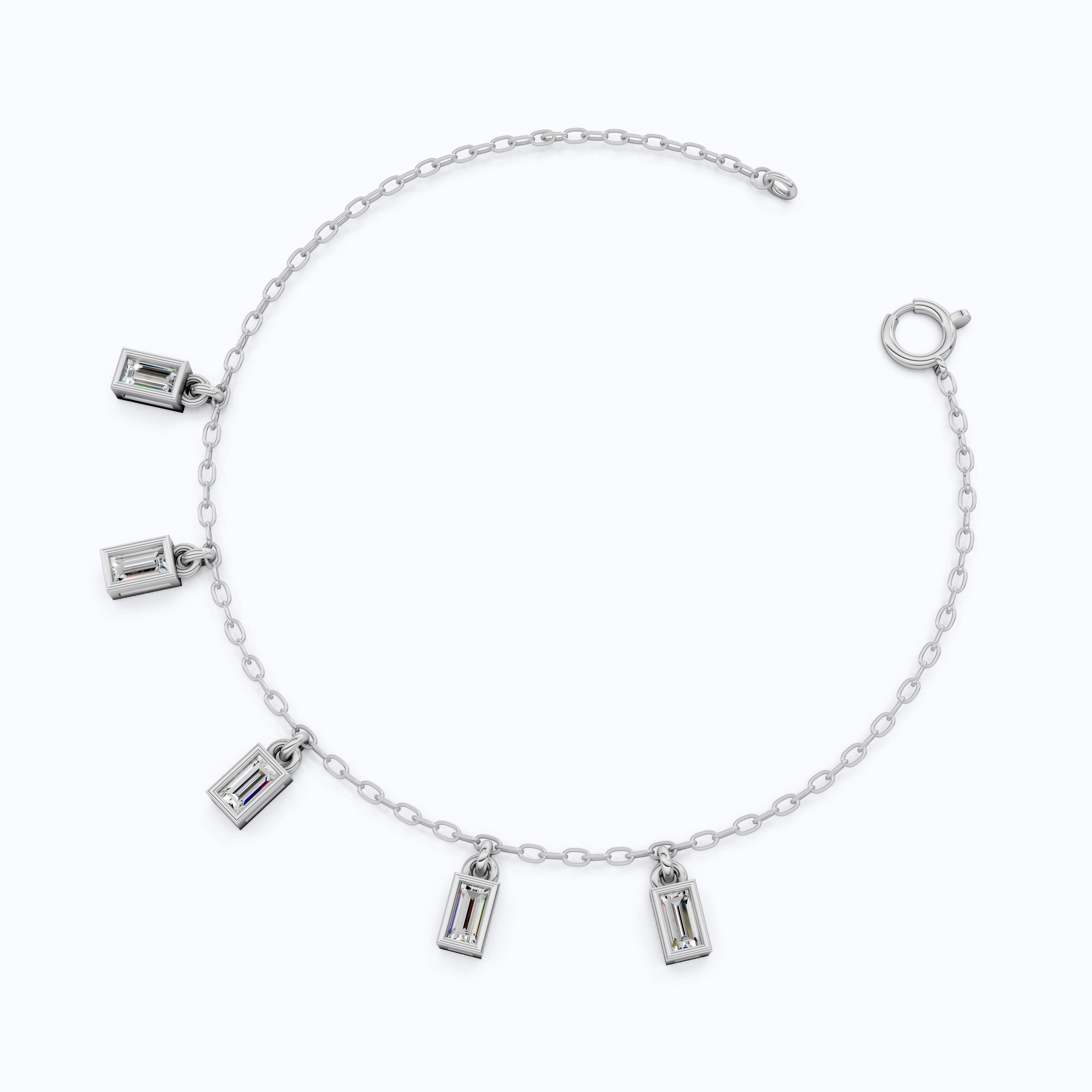 Modern Baguette Drop Charm Bracelet in 14k Solid Gold, 0.7 TCW Baguette Cut Lab Created Diamonds, Gift for Her, Bridal Jewelry