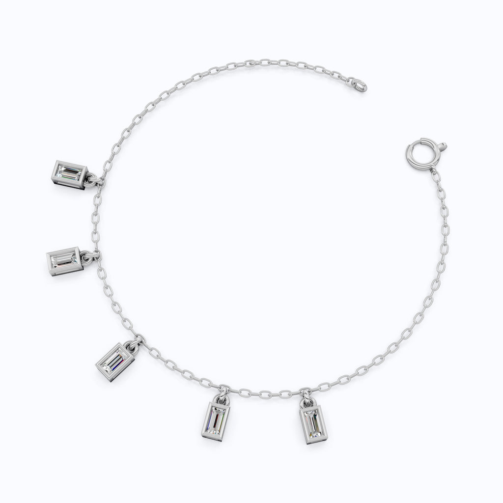 Modern Baguette Drop Charm Bracelet in 14k Solid Gold, 0.7 TCW Baguette Cut Lab Created Diamonds, Gift for Her, Bridal Jewelry