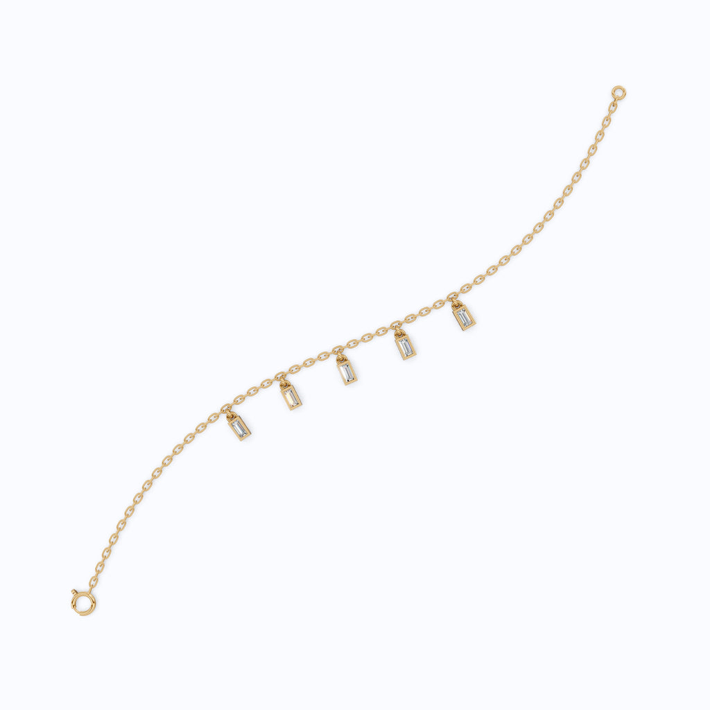 Modern Baguette Drop Charm Bracelet in 14k Solid Gold, 0.7 TCW Baguette Cut Lab Created Diamonds, Gift for Her, Bridal Jewelry