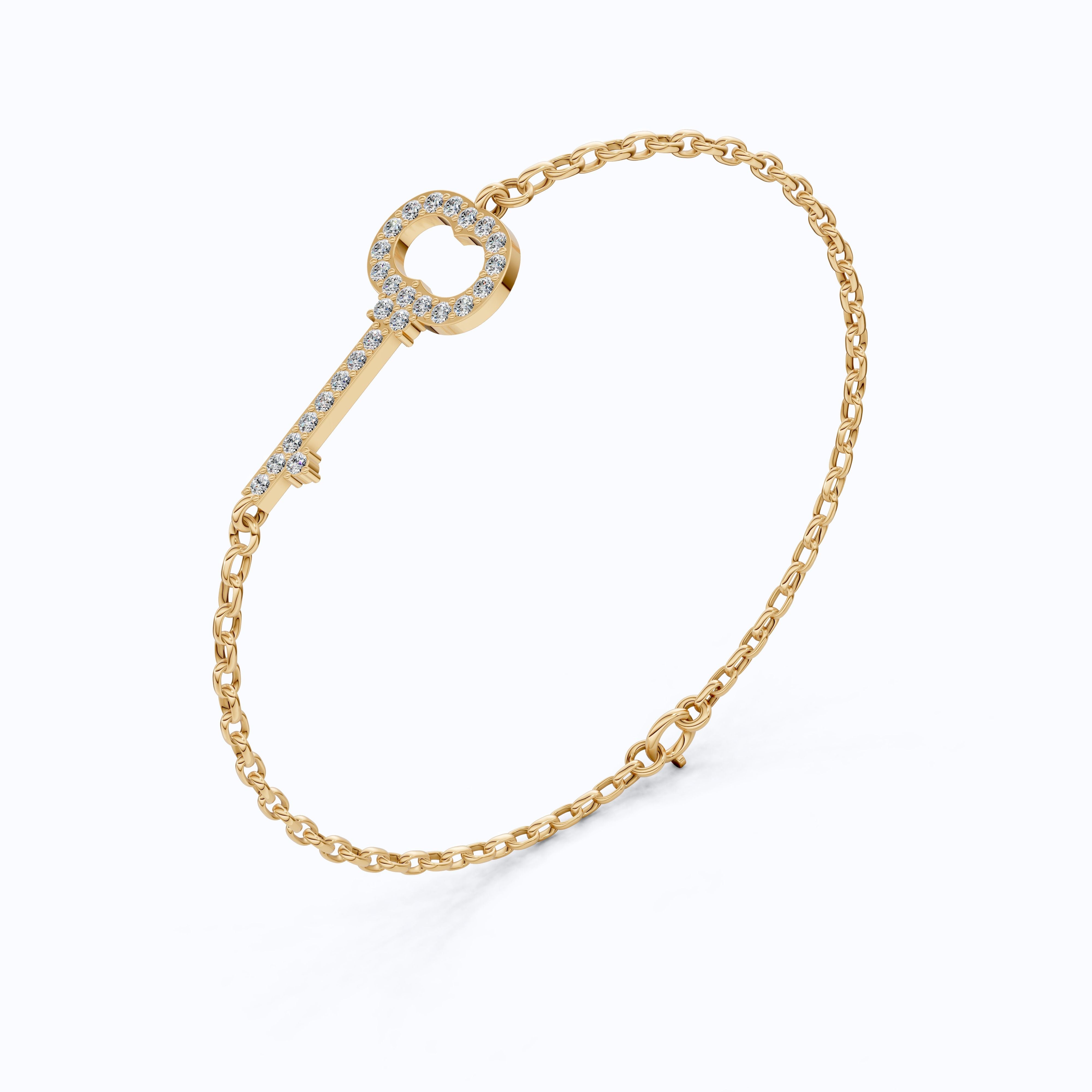 Modern Pavé Key Station Chain Bracelet in 14K Solid Gold, 0.40 TCW Round Cut Lab Created Diamonds, Friendship Jewelry Gift,