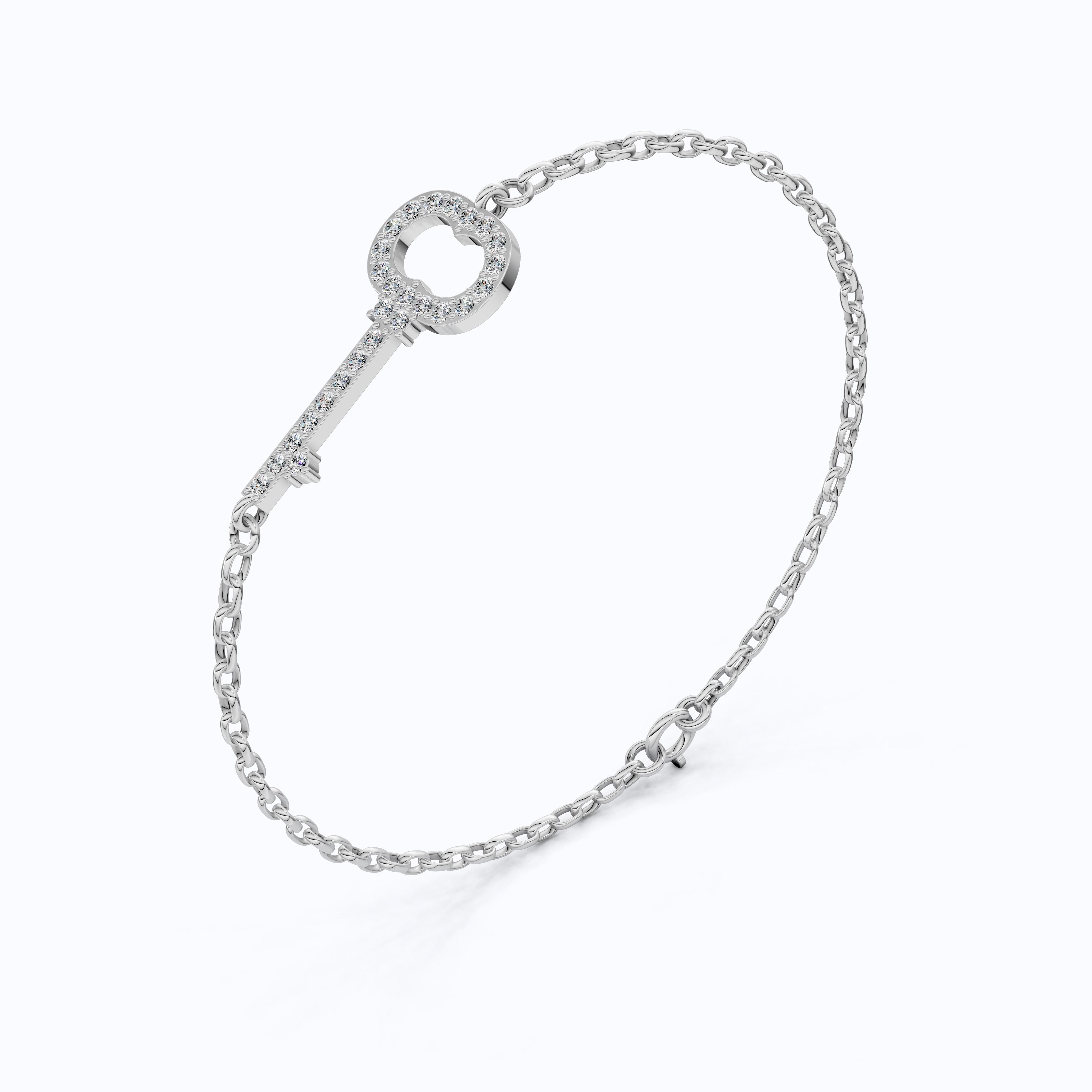 Modern Pavé Key Station Chain Bracelet in 14K Solid Gold, 0.40 TCW Round Cut Lab Created Diamonds, Friendship Jewelry Gift,