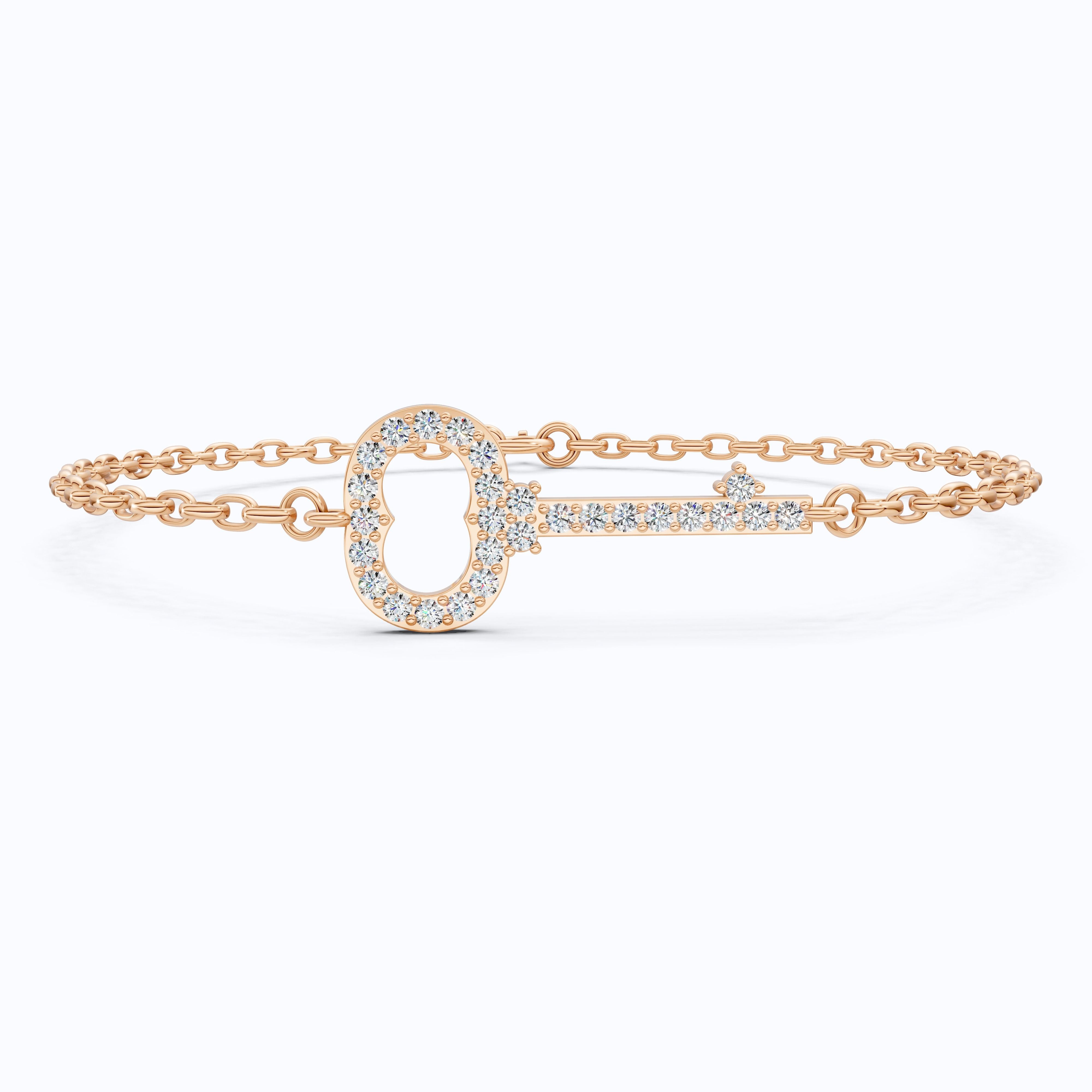 Modern Pavé Key Station Chain Bracelet in 14K Solid Gold, 0.40 TCW Round Cut Lab Created Diamonds, Friendship Jewelry Gift,