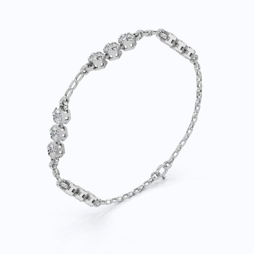 Modern Hexagon Station Link Bracelet in 14K Solid Gold, 1.03 TCW Round Cut Lab Grown Diamonds, Gift for Her, Wedding Jewelry