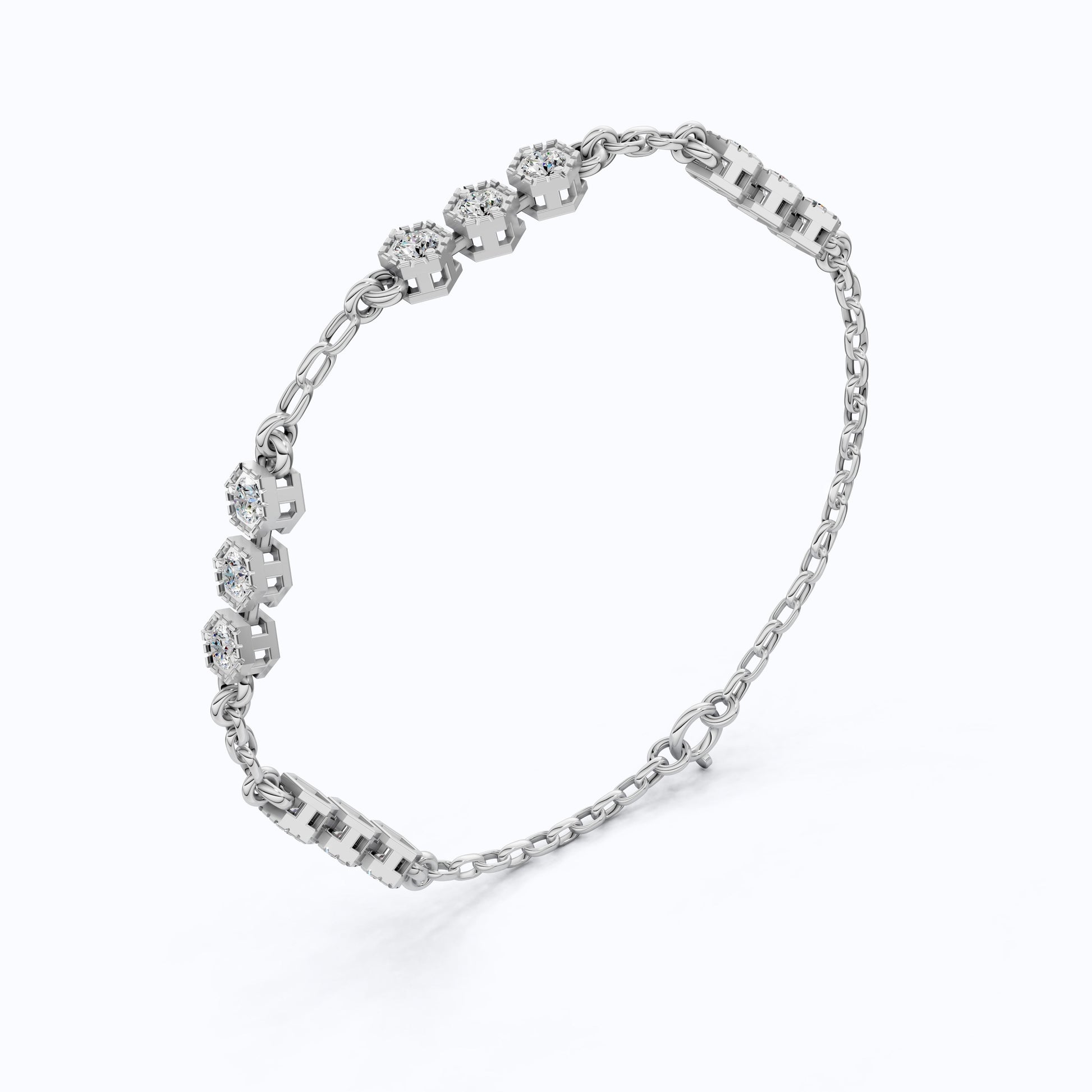 Modern Hexagon Station Link Bracelet in 14K Solid Gold, 1.03 TCW Round Cut Lab Grown Diamonds, Gift for Her, Wedding Jewelry