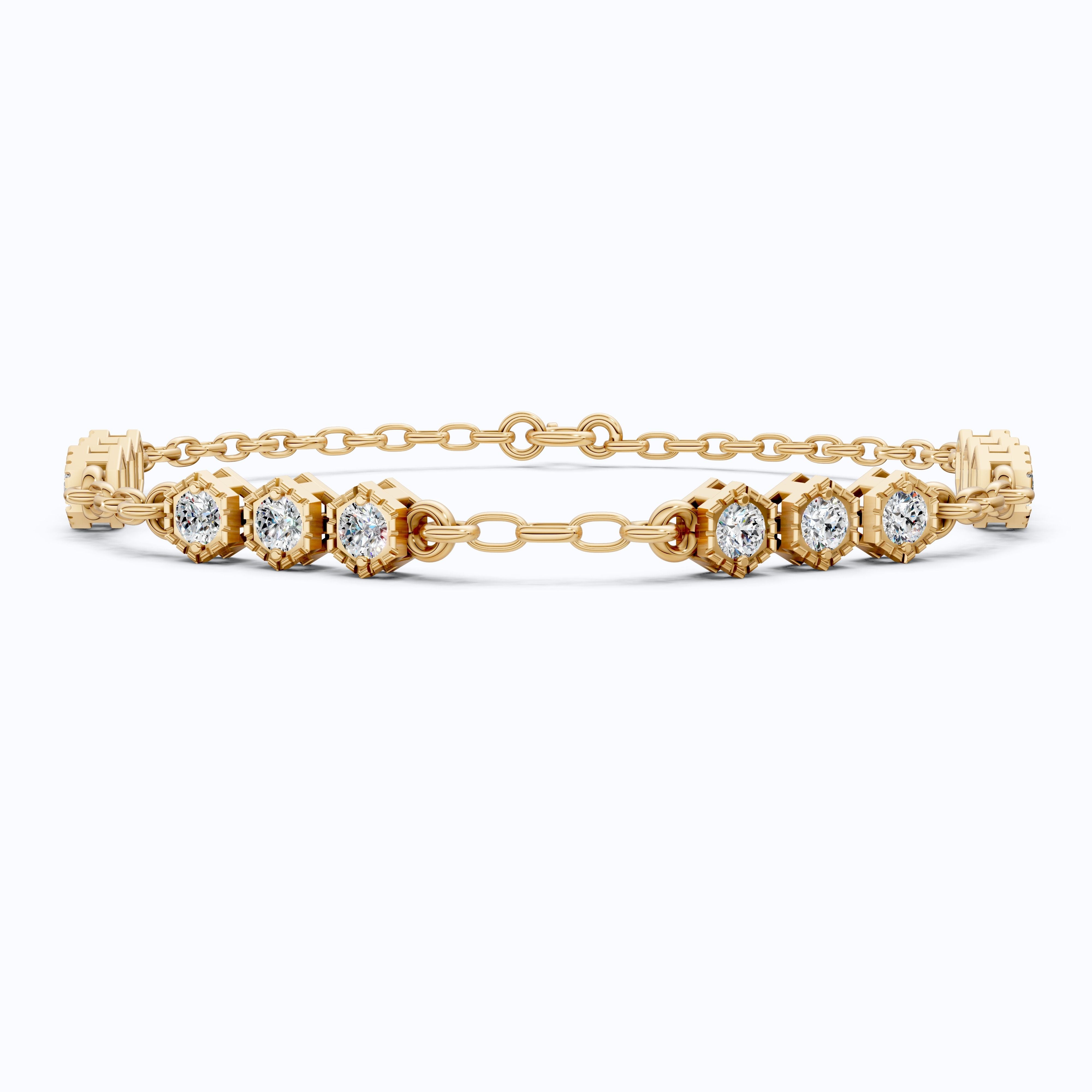 Modern Hexagon Station Link Bracelet in 14K Solid Gold, 1.03 TCW Round Cut Lab Grown Diamonds, Gift for Her, Wedding Jewelry