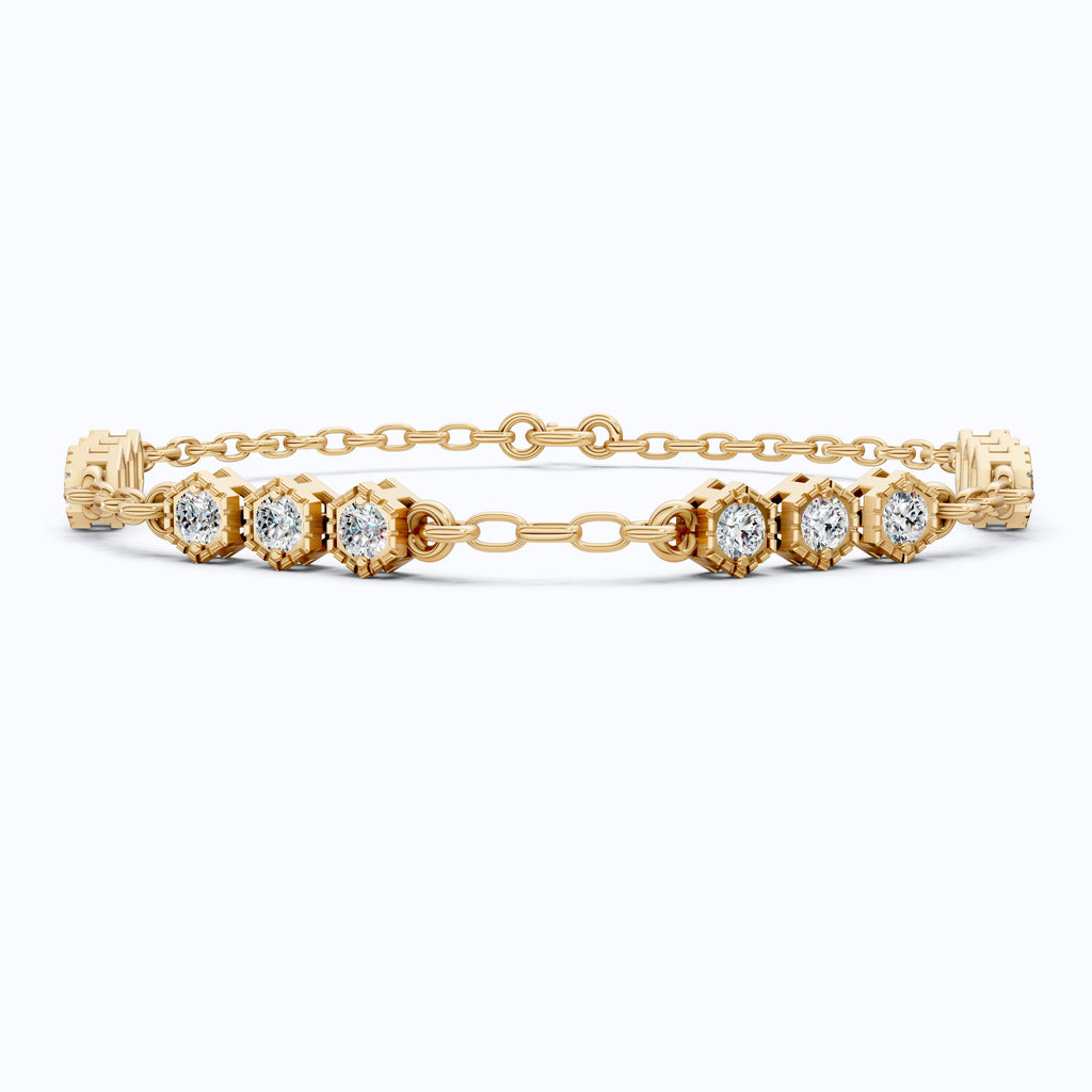 Modern Hexagon Station Link Bracelet in 14K Solid Gold, 1.03 TCW Round Cut Lab Grown Diamonds, Gift for Her, Wedding Jewelry