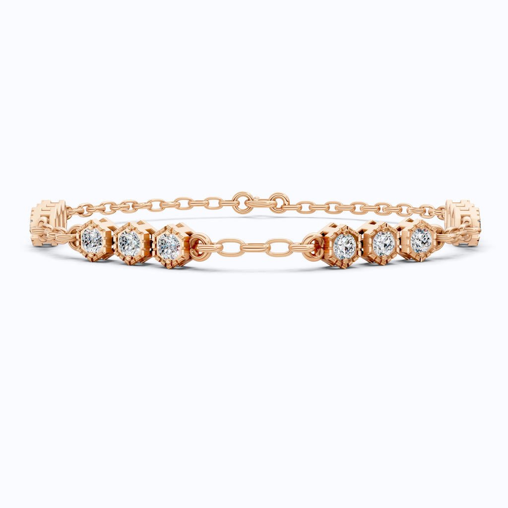 Modern Hexagon Station Link Bracelet in 14K Solid Gold, 1.03 TCW Round Cut Lab Grown Diamonds, Gift for Her, Wedding Jewelry