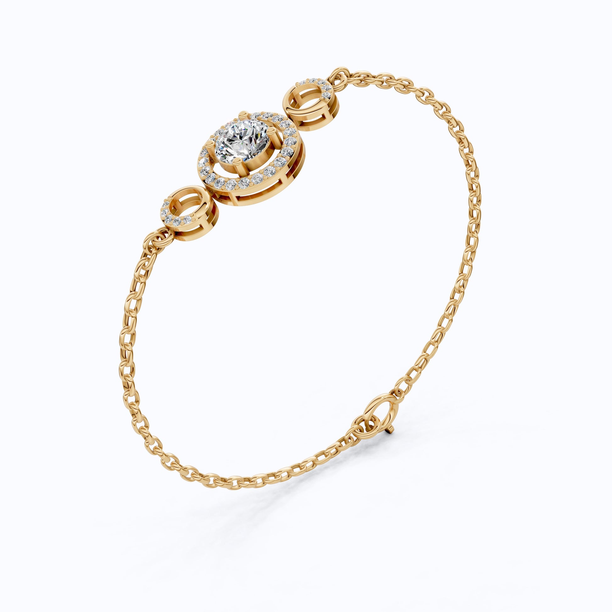 Triple Halo Bar Bracelet in 14k solid Gold, 1.31 TCW Round Cut Lab Grown Diamonds, Everyday Jewelry, Gift For Her