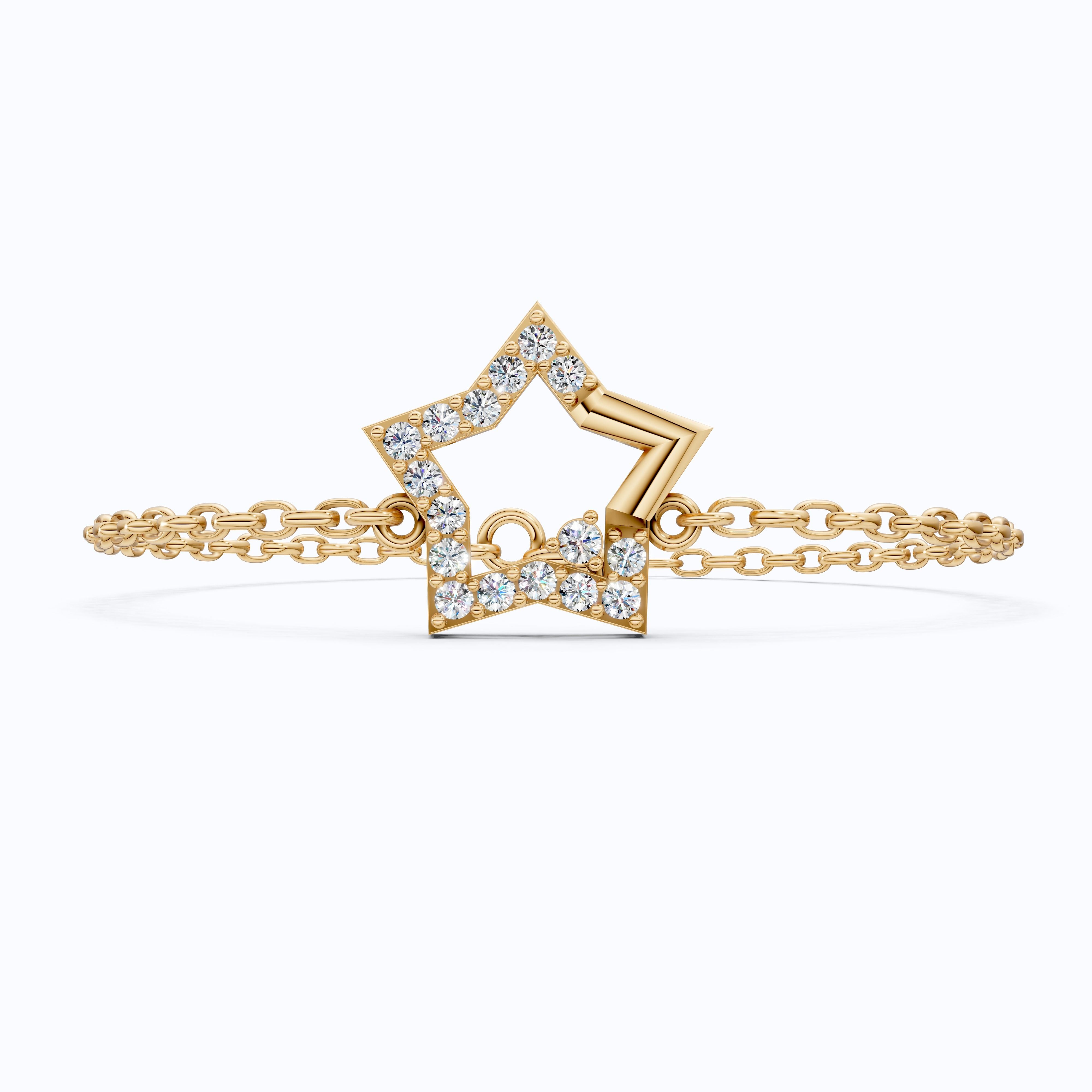 Unique Star Chain Bracelet in 14k Solid Gold, 0.41 TCW Round Cut Lab Created Diamond, Fashion Accessory Gift, Gift For Her