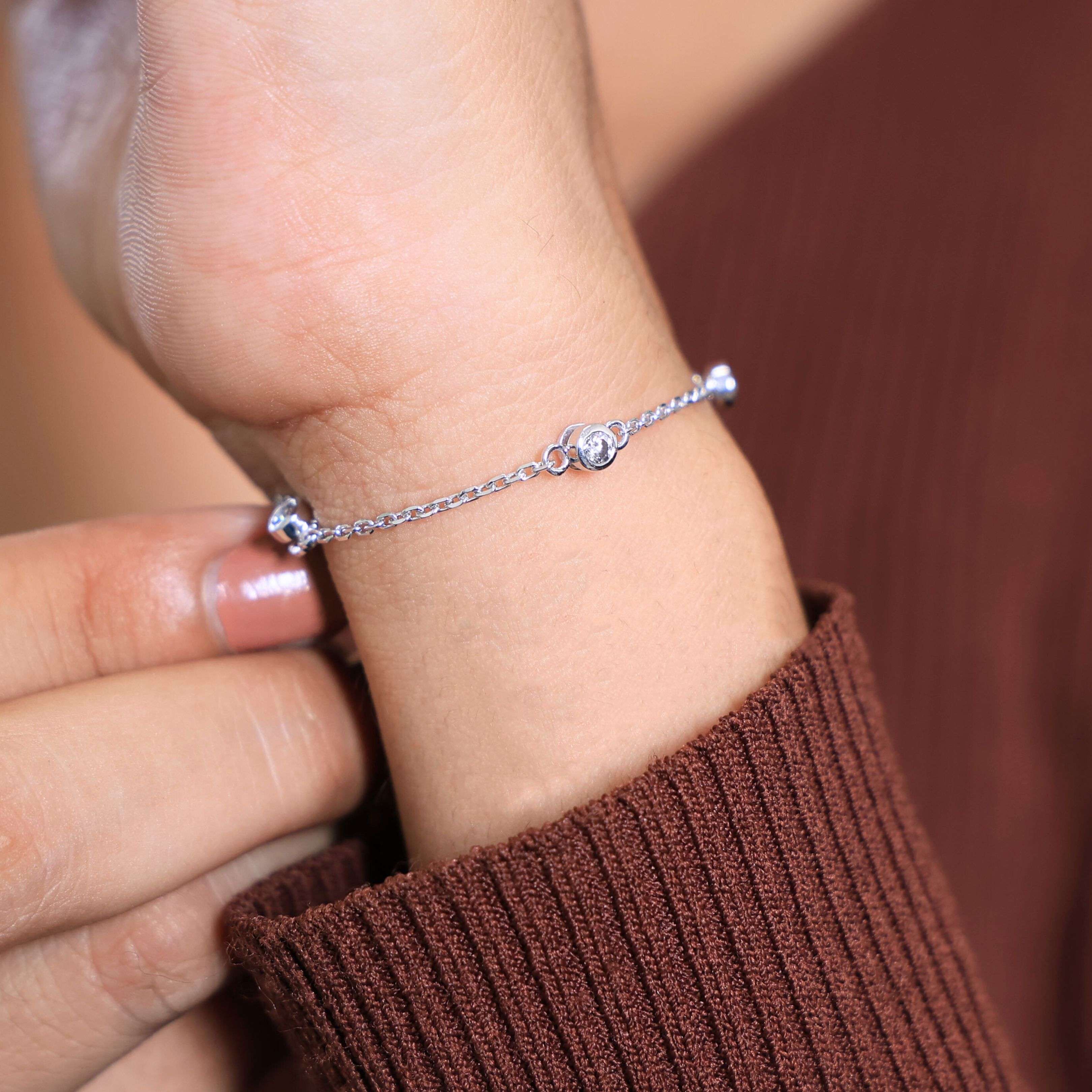 Minimalist Bezel Set Station Chain Bracelet in 14k Solid Gold, 0.35 TCW Round Cut Lab Grown Diamonds, Handmade Bridal Jewelry, Anniversary Gift for Her