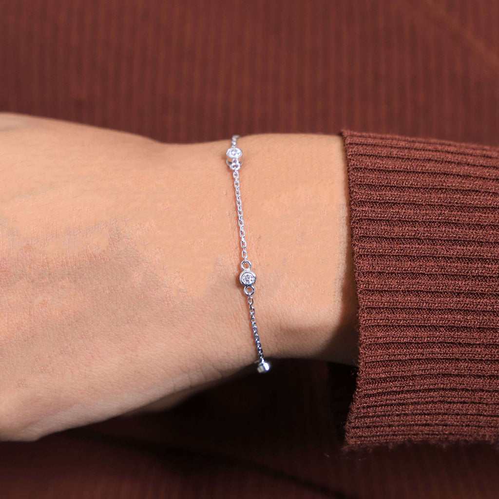 Minimalist Bezel Set Station Chain Bracelet in 14k Solid Gold, 0.35 TCW Round Cut Lab Grown Diamonds, Handmade Bridal Jewelry, Anniversary Gift for Her