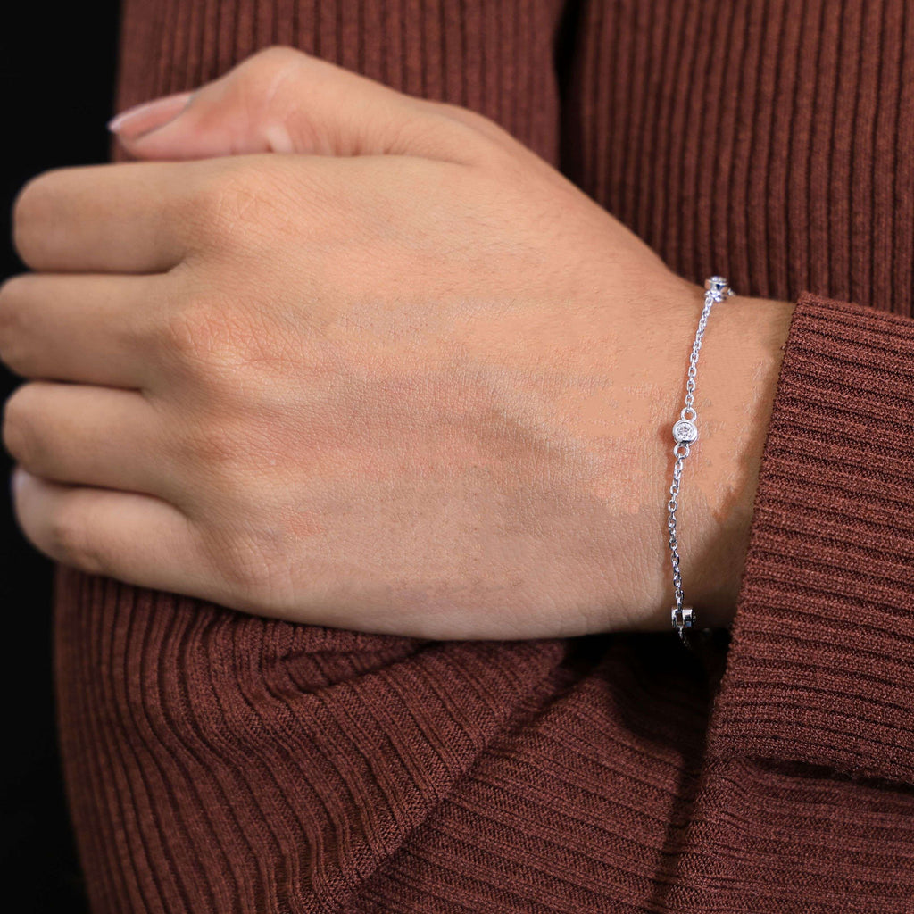 Minimalist Bezel Set Station Chain Bracelet in 14k Solid Gold, 0.35 TCW Round Cut Lab Grown Diamonds, Handmade Bridal Jewelry, Anniversary Gift for Her