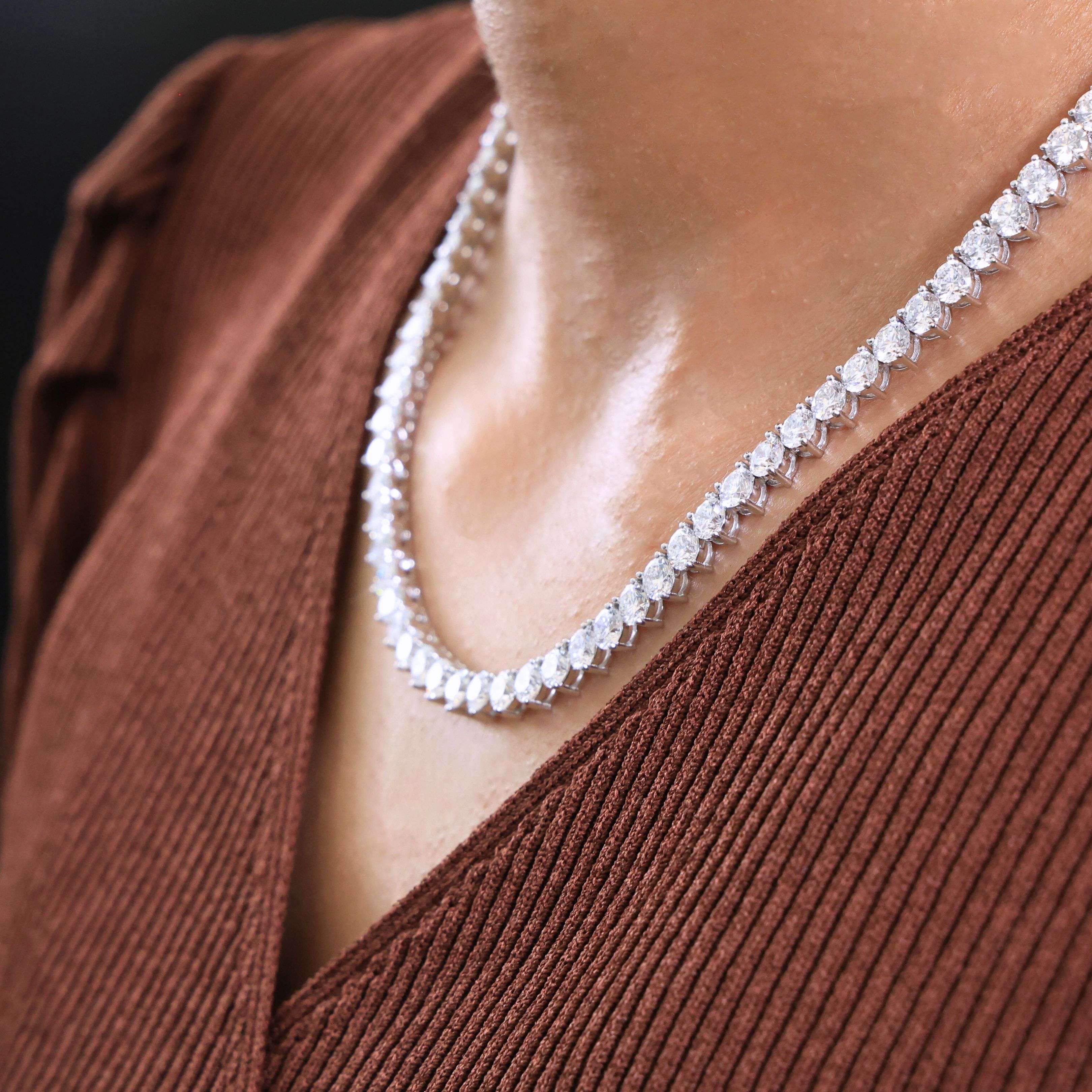 16.50 Inch Elegant Fine Tennis Necklace in 14K Solid Gold, 29.10 TCW Round Cut Lab Grown Diamonds, Anniversary Gift for Wife, Fine Jewelry