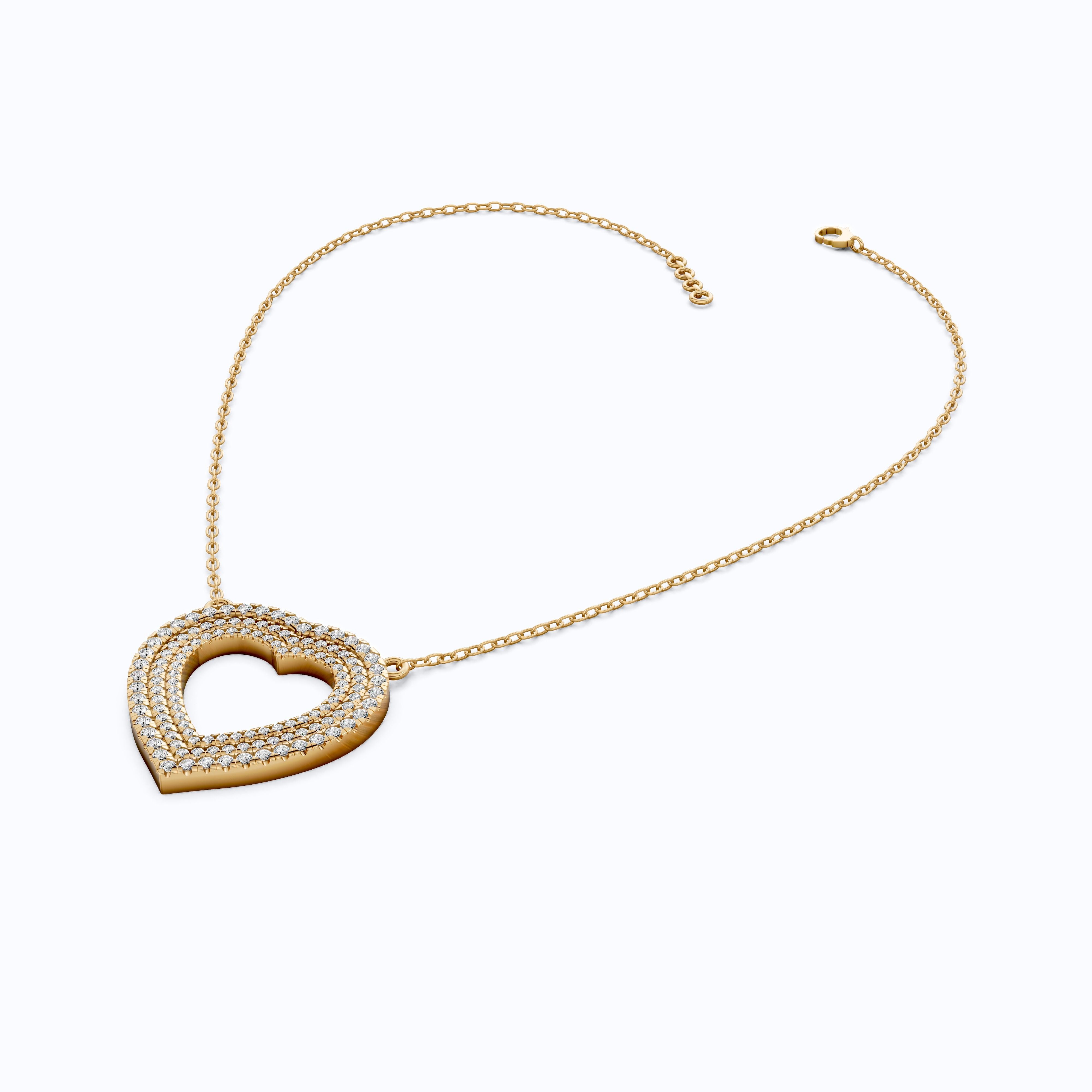 Three-Row Pavé Open Heart Pendant in 14k Solid Gold, 0.91 TCW Round Cut Lab Grown Diamonds, Anniversary Gift for Her, Handmade Jewelry