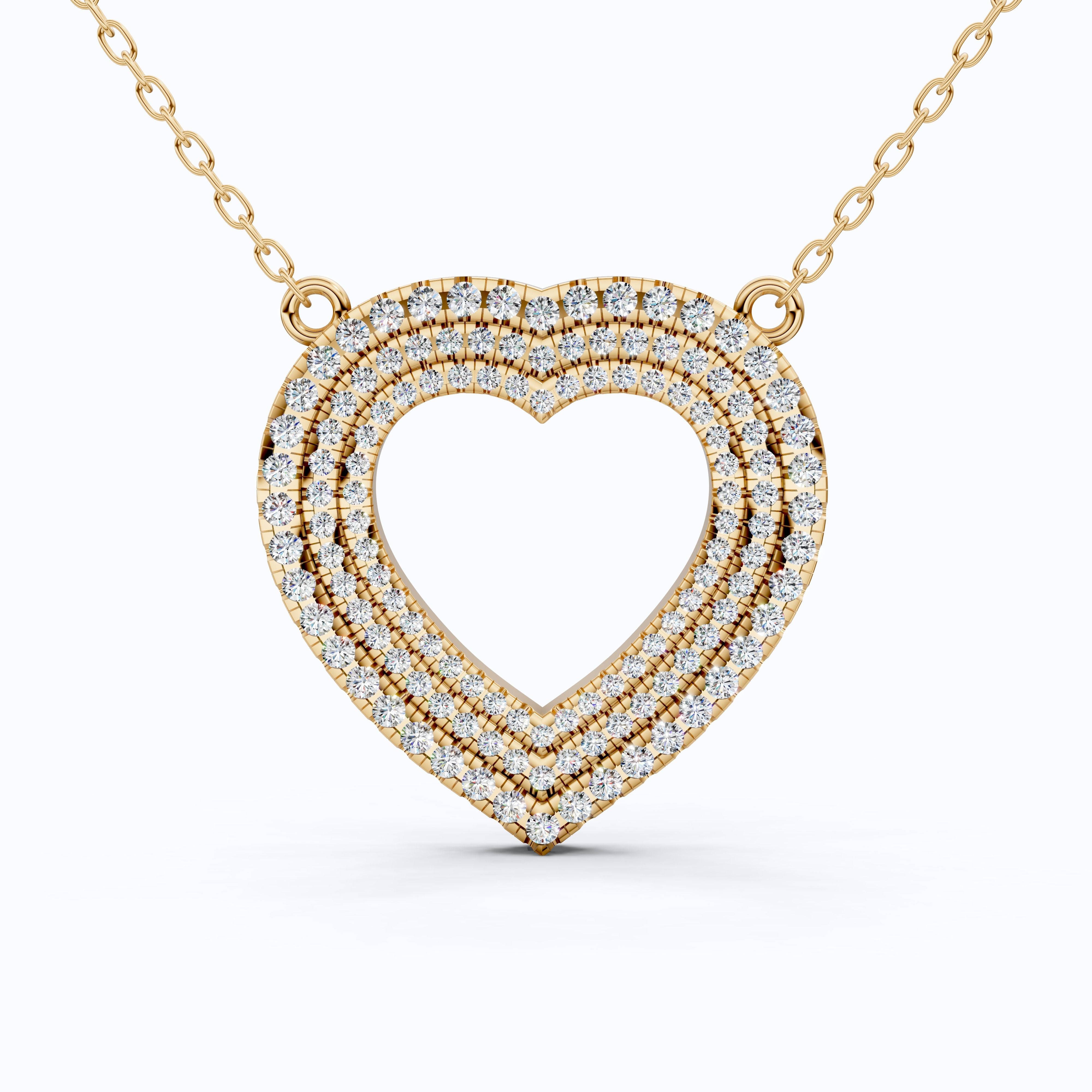 Three-Row Pavé Open Heart Pendant in 14k Solid Gold, 0.91 TCW Round Cut Lab Grown Diamonds, Anniversary Gift for Her, Handmade Jewelry