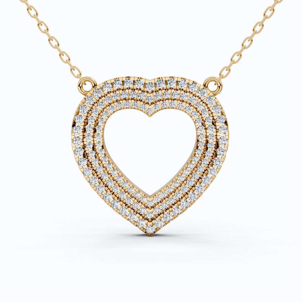 Three-Row Pavé Open Heart Pendant in 14k Solid Gold, 0.91 TCW Round Cut Lab Grown Diamonds, Anniversary Gift for Her, Handmade Jewelry