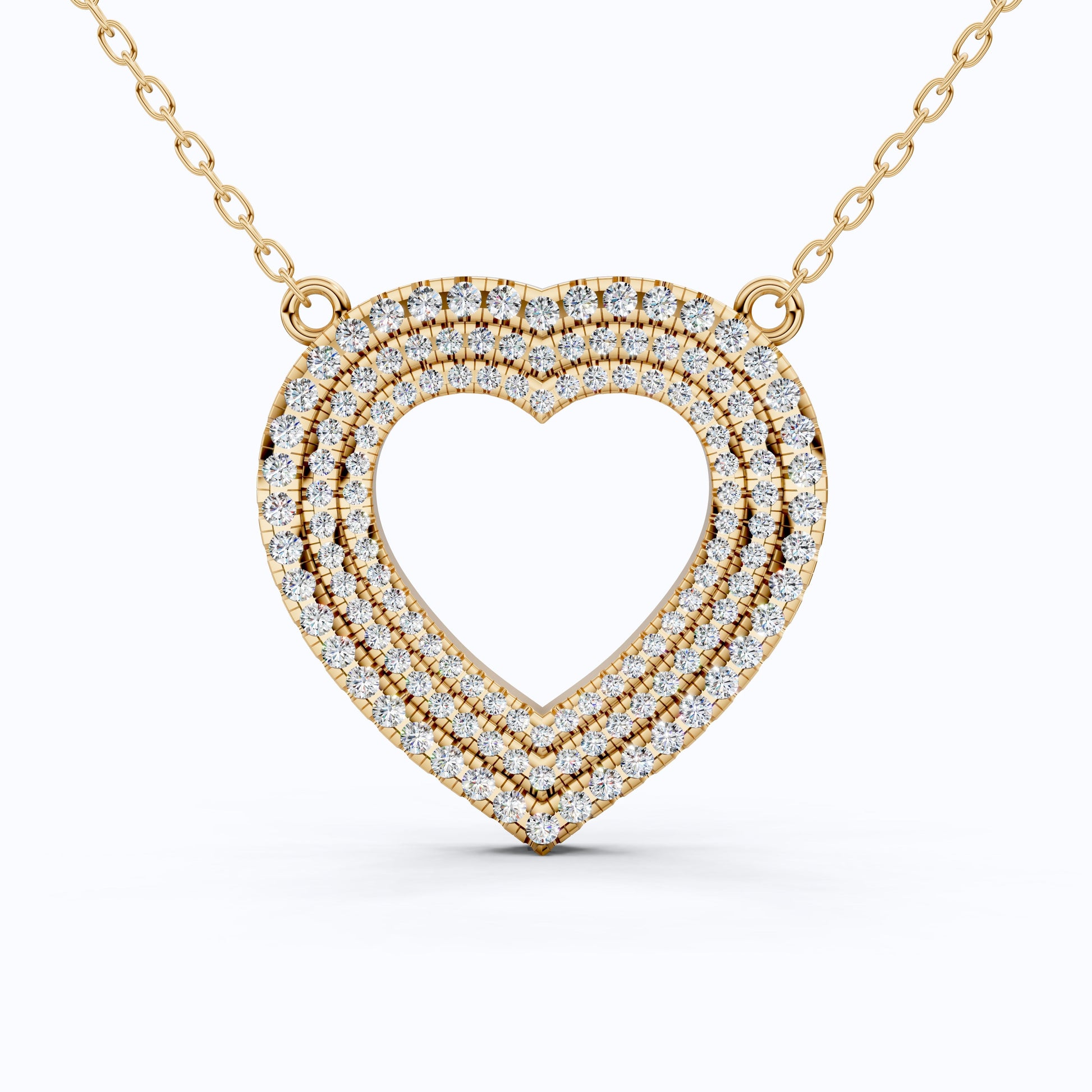 Three-Row Pavé Open Heart Pendant in 14k Solid Gold, 0.91 TCW Round Cut Lab Grown Diamonds, Anniversary Gift for Her, Handmade Jewelry