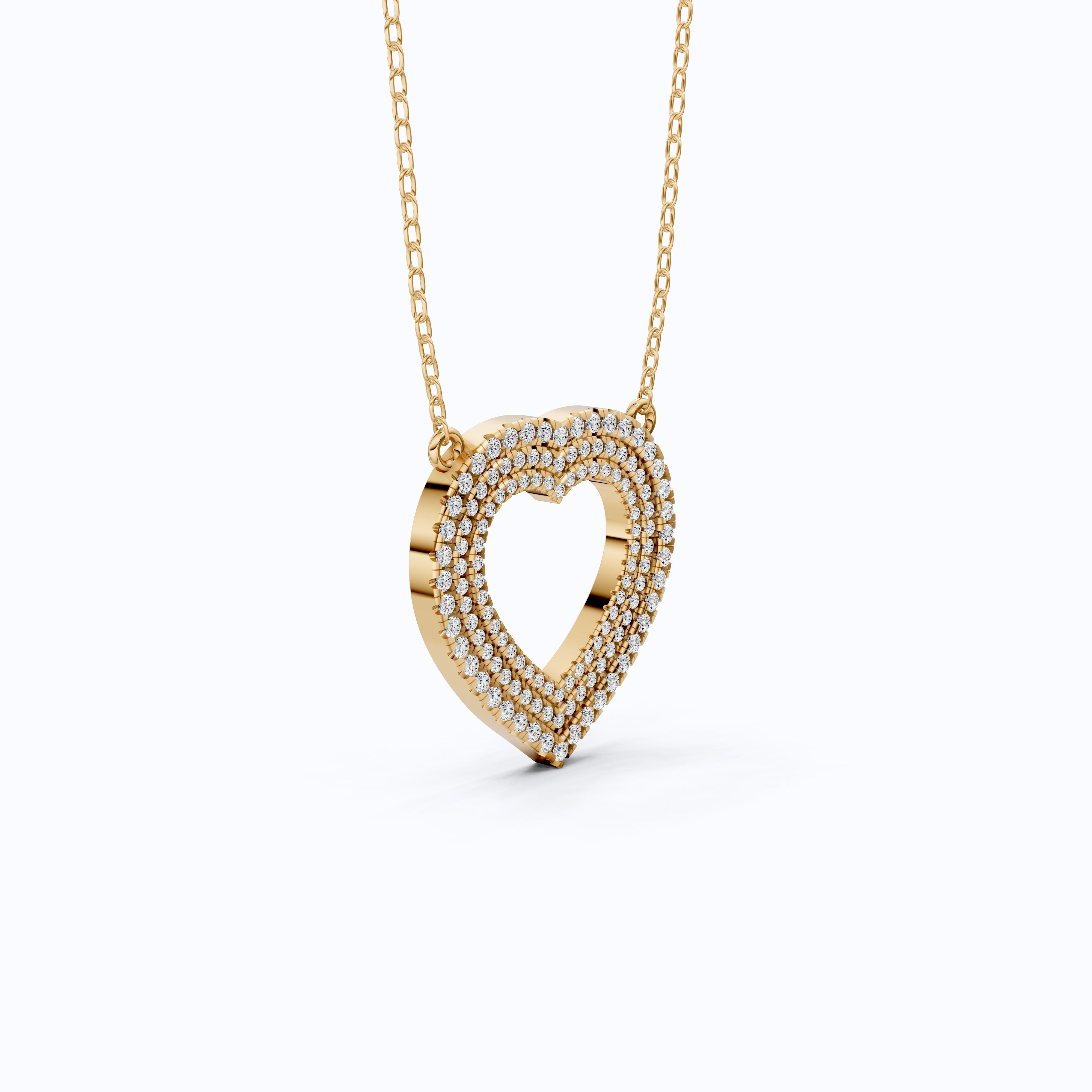 Three-Row Pavé Open Heart Pendant in 14k Solid Gold, 0.91 TCW Round Cut Lab Grown Diamonds, Anniversary Gift for Her, Handmade Jewelry