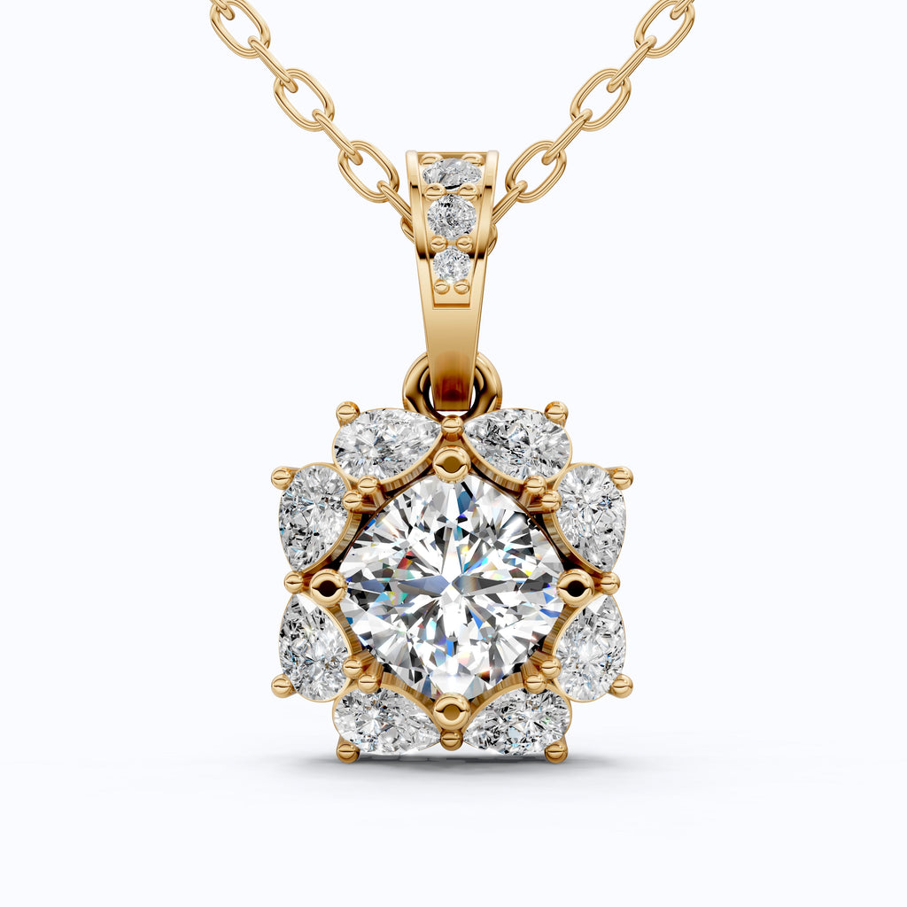 Unique Floral Cluster Diamond Pendant in 14k Solid Gold, 1.00 CT Cushion Cut Lab Grown Diamond, Gift for Her, Bridal Jewelry, Wedding Jewelry