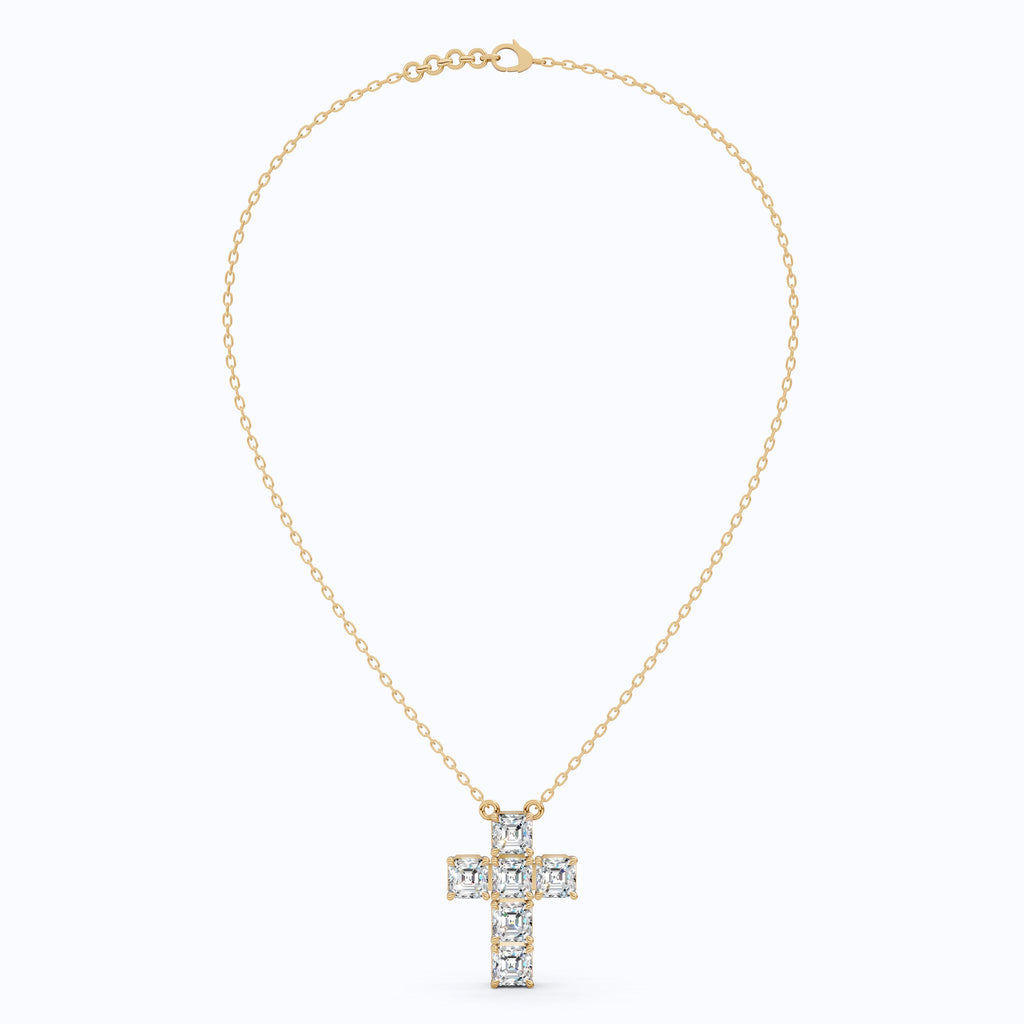Elegant Square Style Cross Pendant in 14k Solid Gold, 4.50 TCW Asscher Cut Lab Grown Diamonds, Wedding Gift for Her, Religious Jewelry