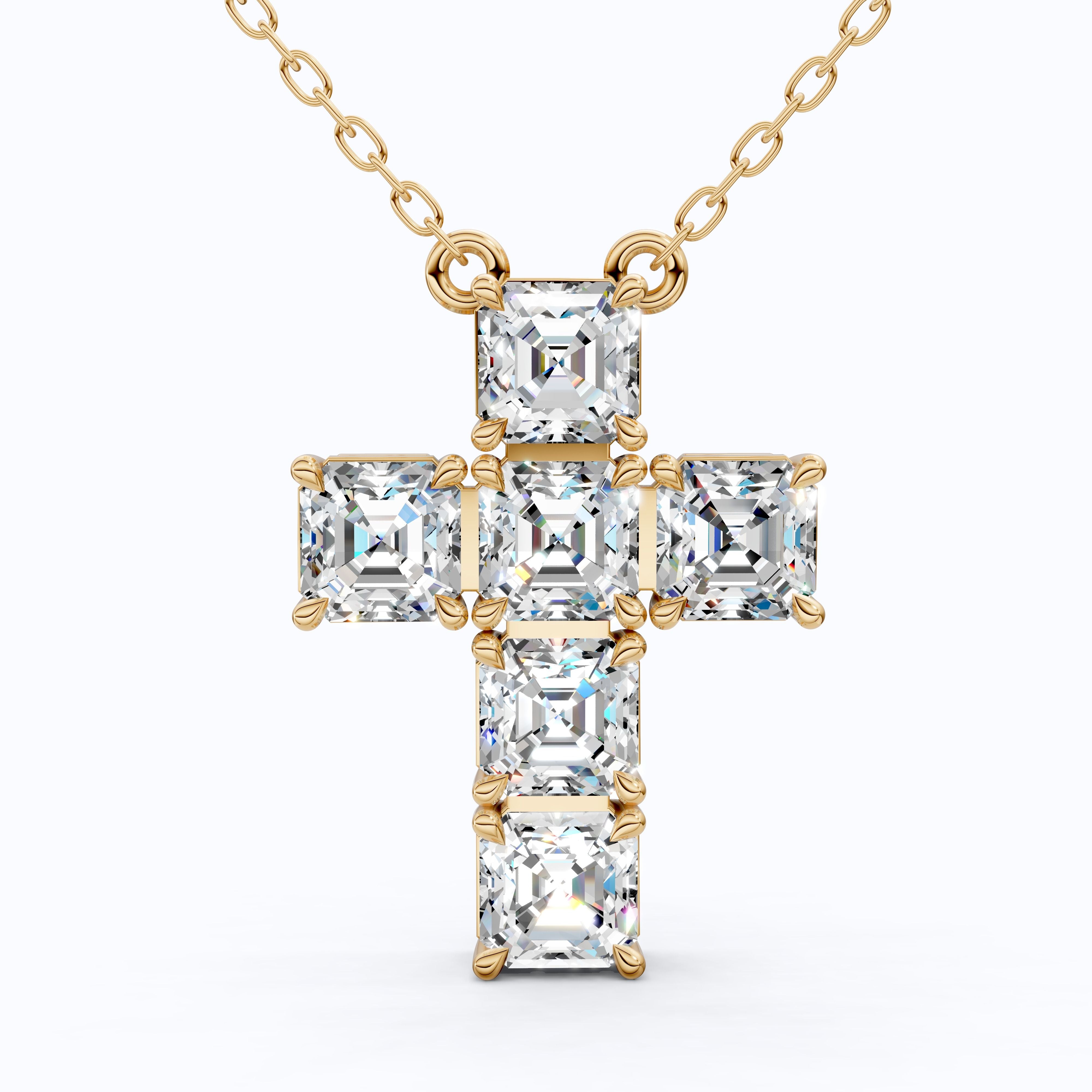 Elegant Square Style Cross Pendant in 14k Solid Gold, 4.50 TCW Asscher Cut Lab Grown Diamonds, Wedding Gift for Her, Religious Jewelry