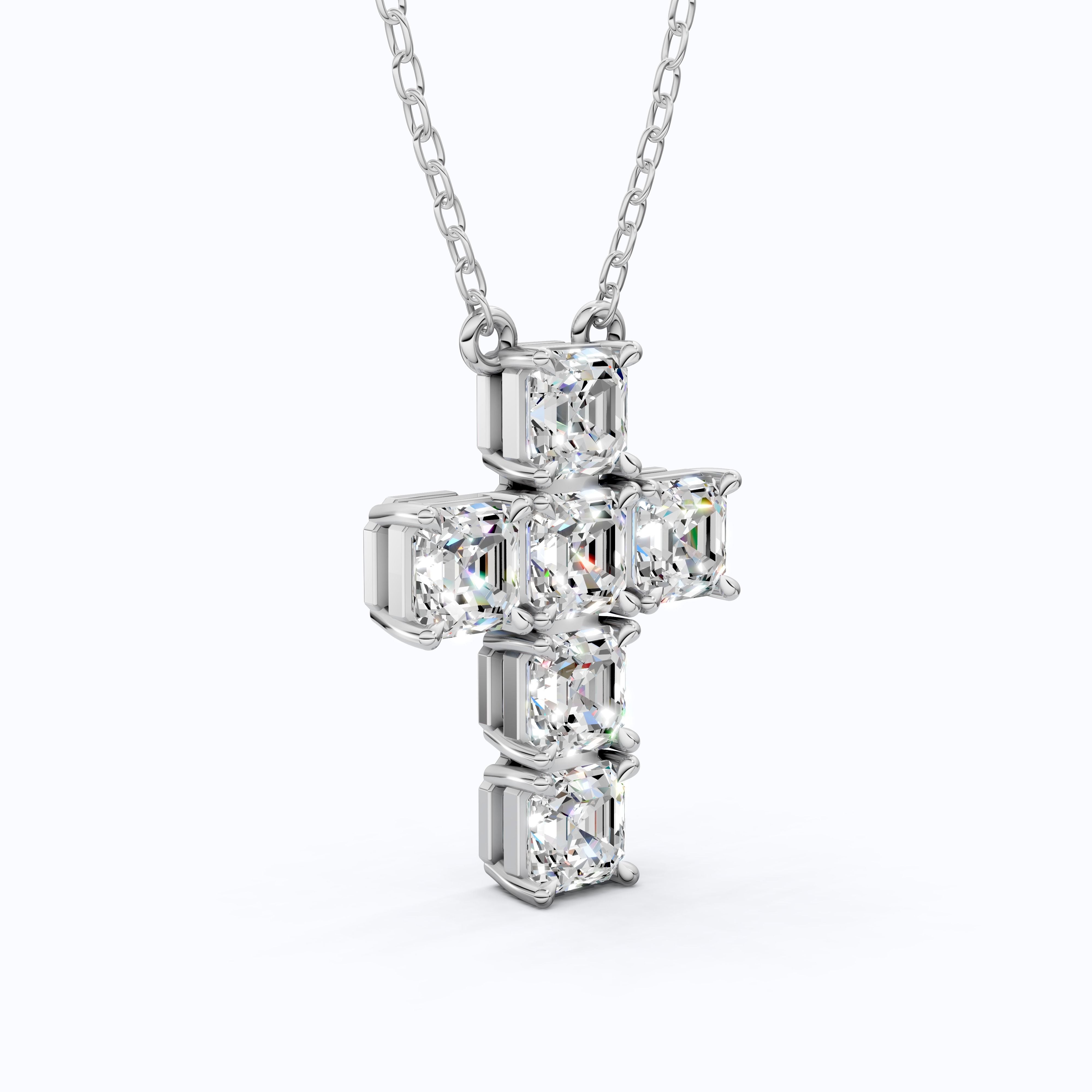 Elegant Square Style Cross Pendant in 14k Solid Gold, 4.50 TCW Asscher Cut Lab Grown Diamonds, Wedding Gift for Her, Religious Jewelry