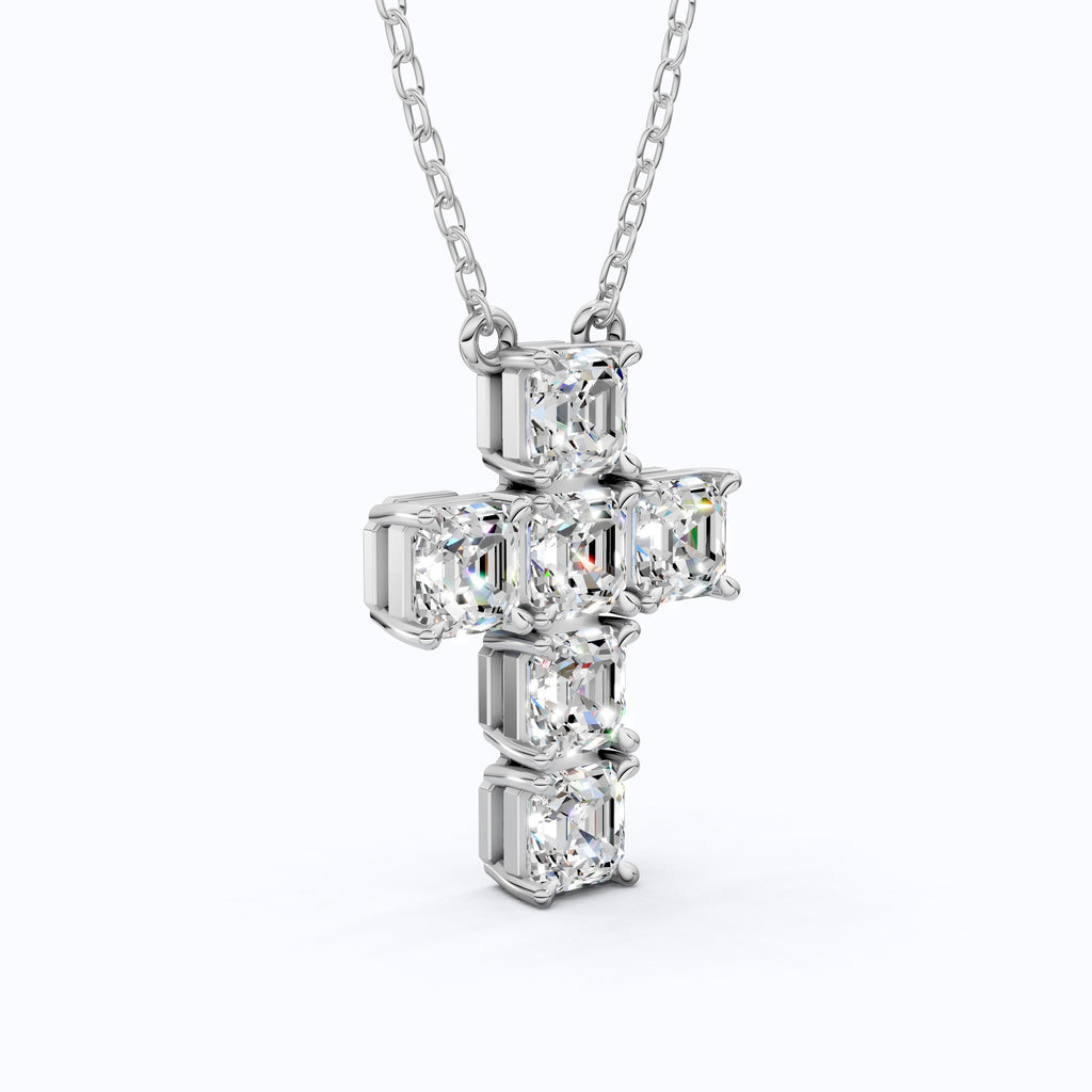 Elegant Square Style Cross Pendant in 14k Solid Gold, 4.50 TCW Asscher Cut Lab Grown Diamonds, Wedding Gift for Her, Religious Jewelry