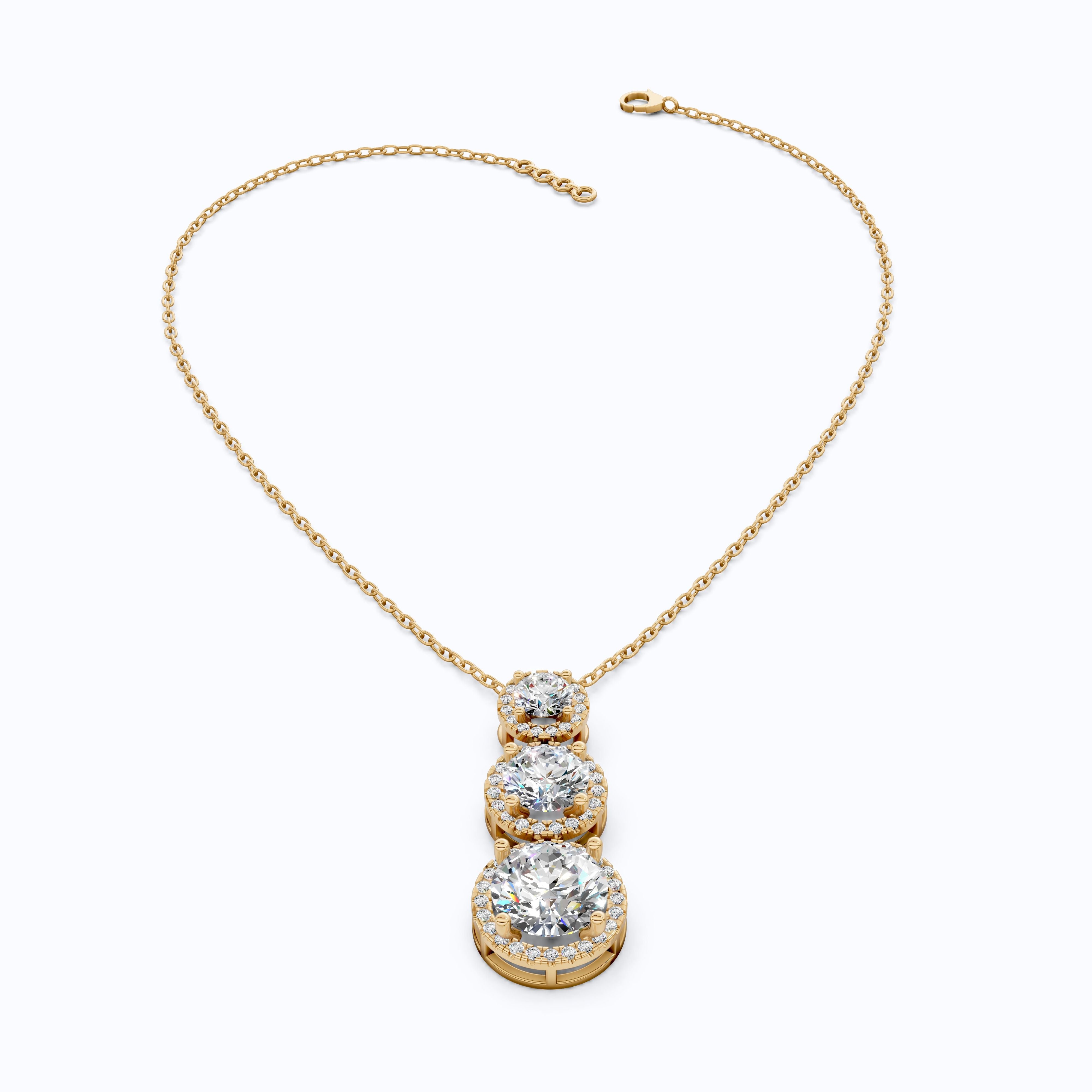 Three Stone Halo Drop Everyday Pendant in 14K Solid Gold, 4.11 TCW Round Cut Lab Grown Diamonds, Anniversary Gift for Her, Diamond Pendant