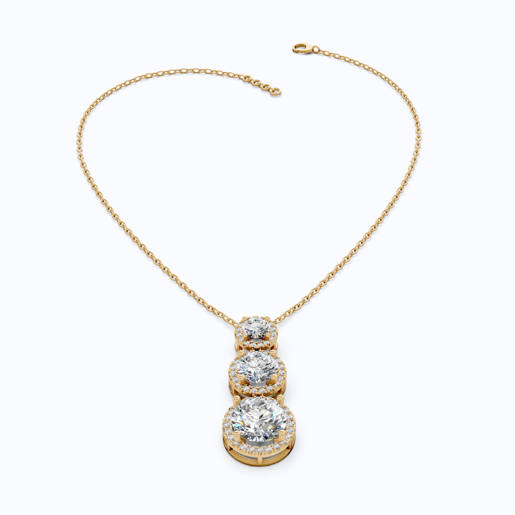 Three Stone Halo Drop Everyday Pendant in 14K Solid Gold, 4.11 TCW Round Cut Lab Grown Diamonds, Anniversary Gift for Her, Diamond Pendant