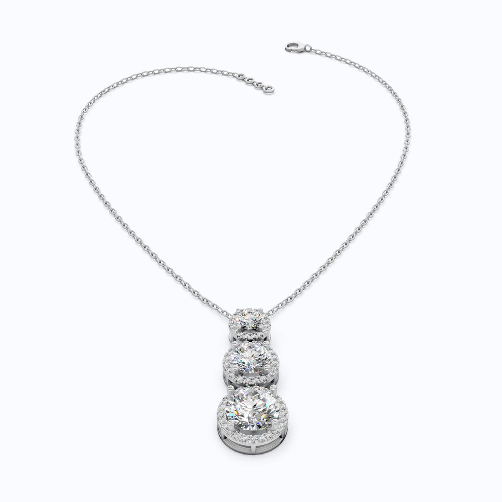 Three Stone Halo Drop Everyday Pendant in 14K Solid Gold, 4.11 TCW Round Cut Lab Grown Diamonds, Anniversary Gift for Her, Diamond Pendant