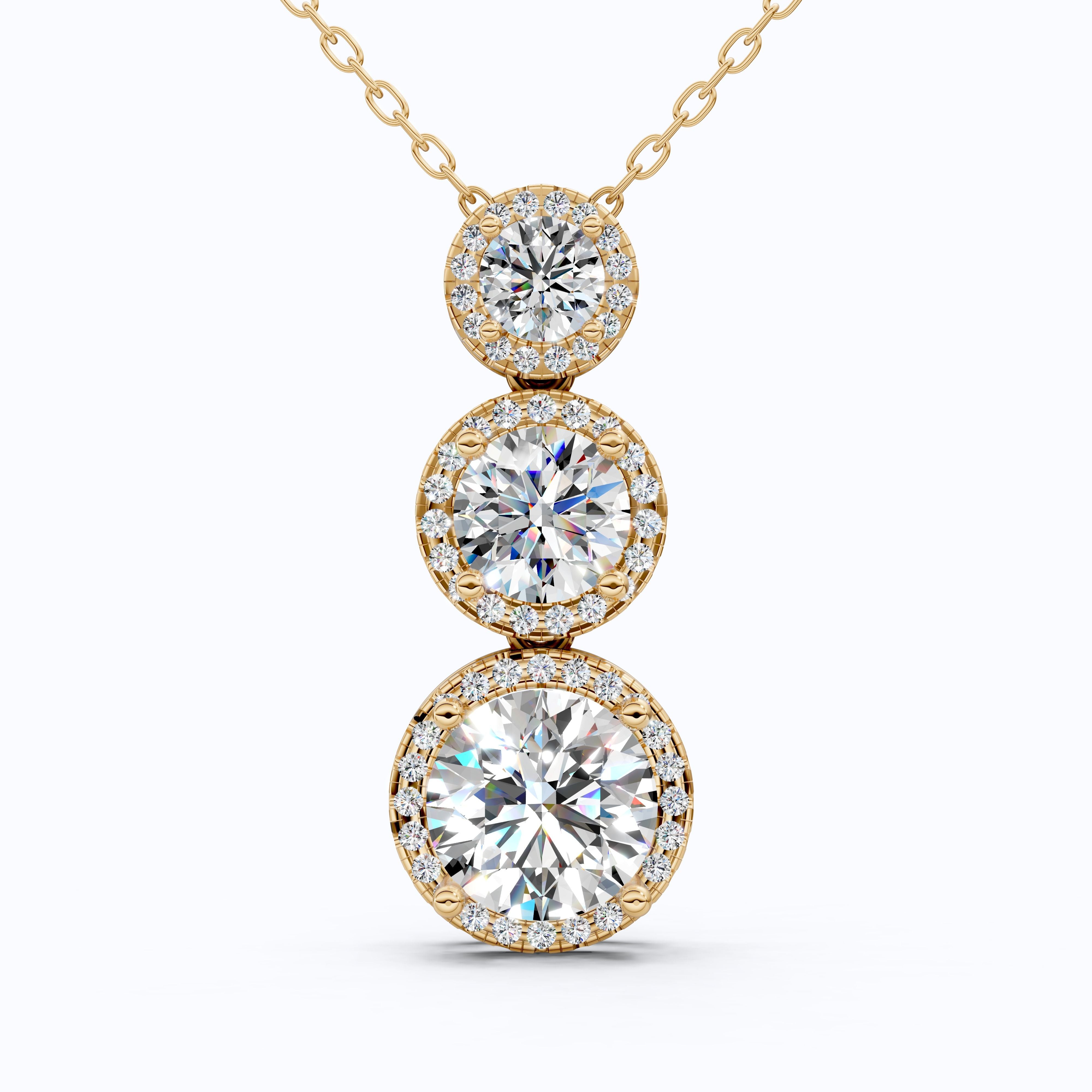 Three Stone Halo Drop Everyday Pendant in 14K Solid Gold, 4.11 TCW Round Cut Lab Grown Diamonds, Anniversary Gift for Her, Diamond Pendant