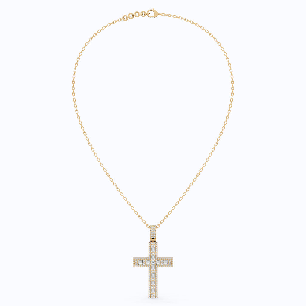 Sculpted Baguette Halo Cross Pendant in 14K Solid Gold, 2.17 TCW Baguette/Round Cut Lab Diamond, Faith Jewelry, Religious Gift For Her, Jesus Cross Pendant