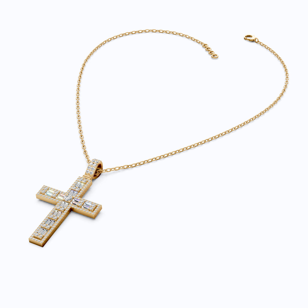 Sculpted Baguette Halo Cross Pendant in 14K Solid Gold, 2.17 TCW Baguette/Round Cut Lab Diamond, Faith Jewelry, Religious Gift For Her, Jesus Cross Pendant