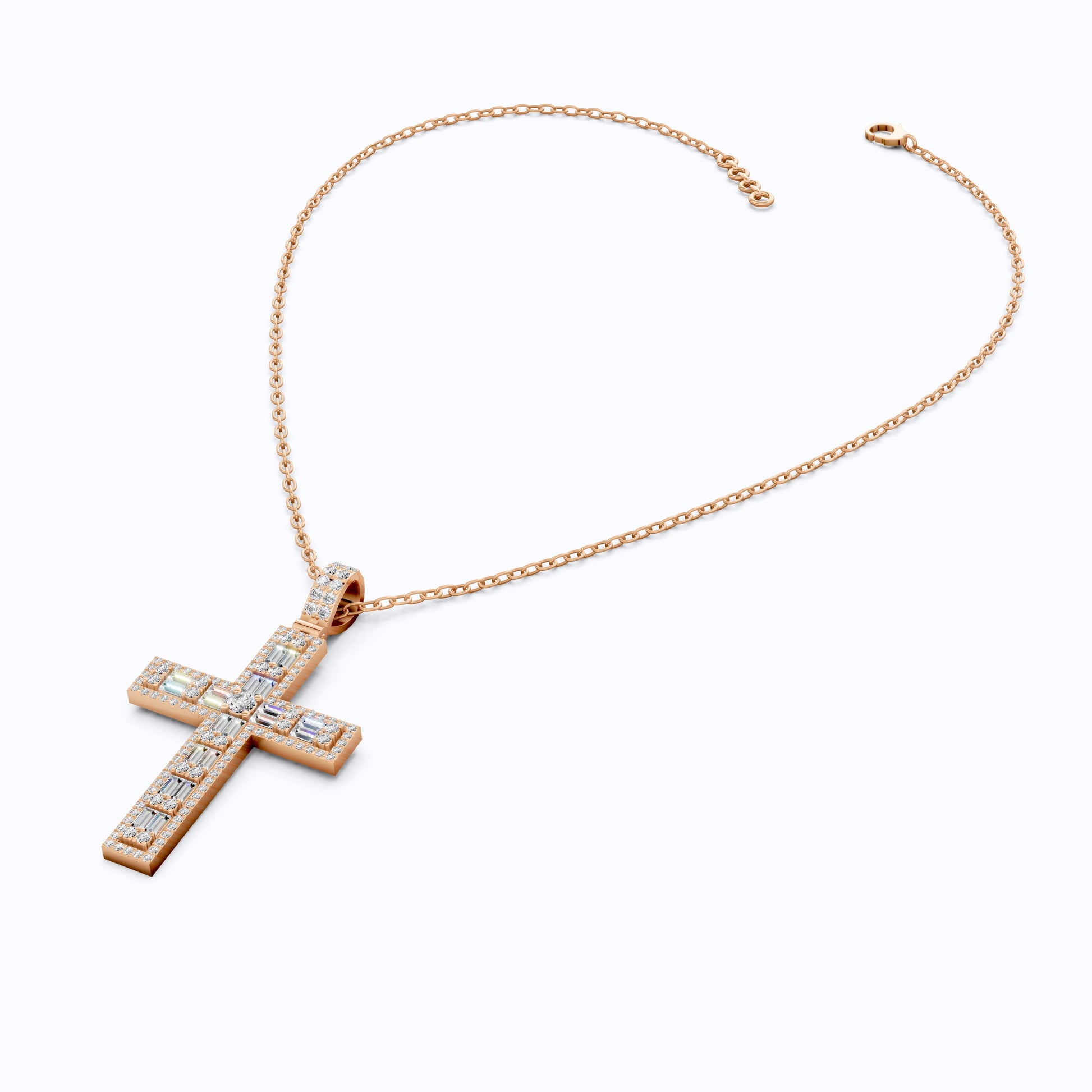 Sculpted Baguette Halo Cross Pendant in 14K Solid Gold, 2.17 TCW Baguette/Round Cut Lab Diamond, Faith Jewelry, Religious Gift For Her, Jesus Cross Pendant
