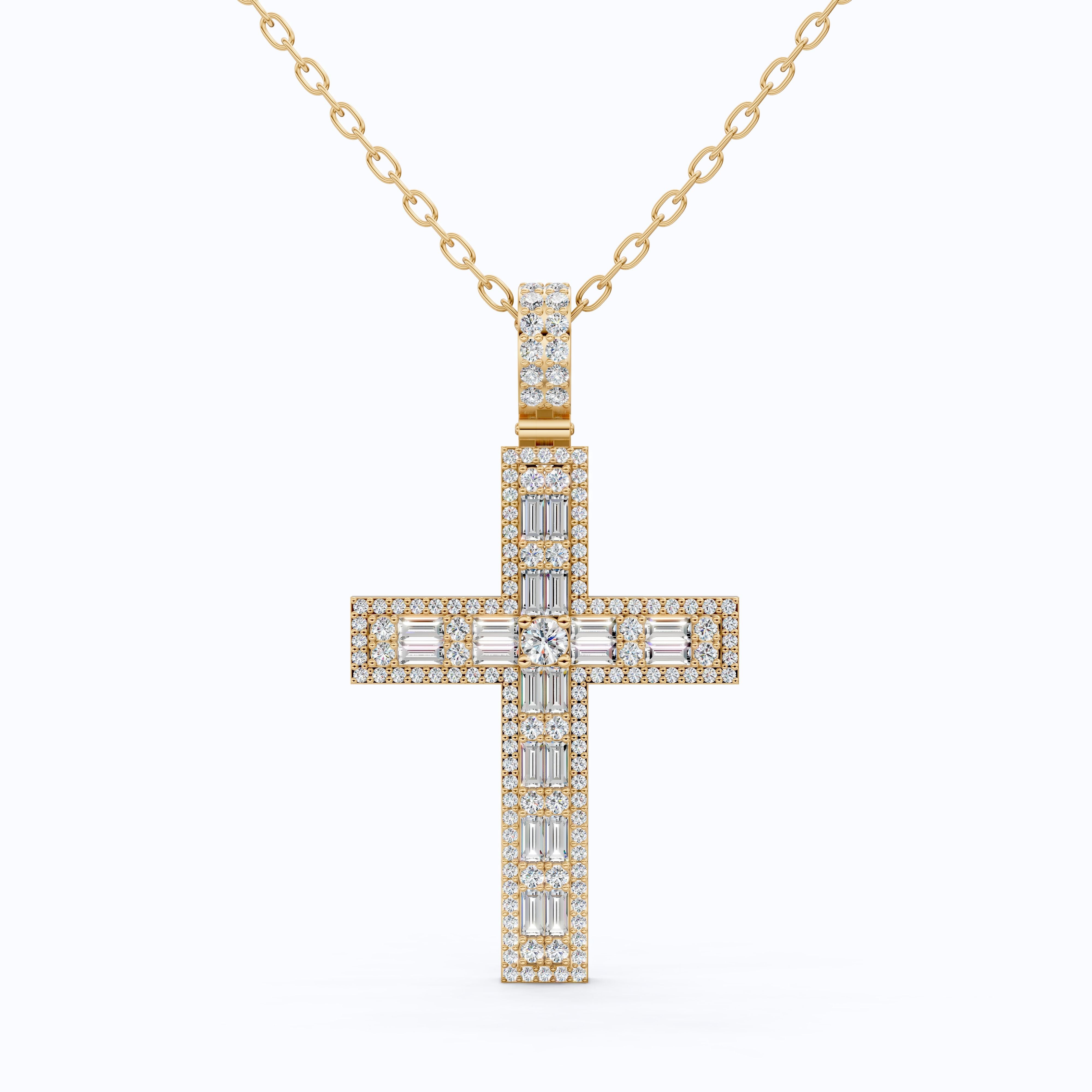 Sculpted Baguette Halo Cross Pendant in 14K Solid Gold, 2.17 TCW Baguette/Round Cut Lab Diamond, Faith Jewelry, Religious Gift For Her, Jesus Cross Pendant