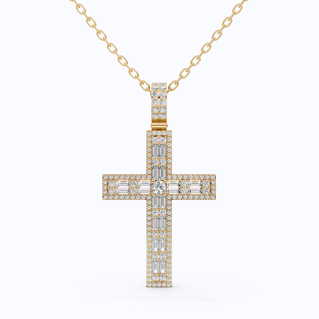 Sculpted Baguette Halo Cross Pendant in 14K Solid Gold, 2.17 TCW Baguette/Round Cut Lab Diamond, Faith Jewelry, Religious Gift For Her, Jesus Cross Pendant