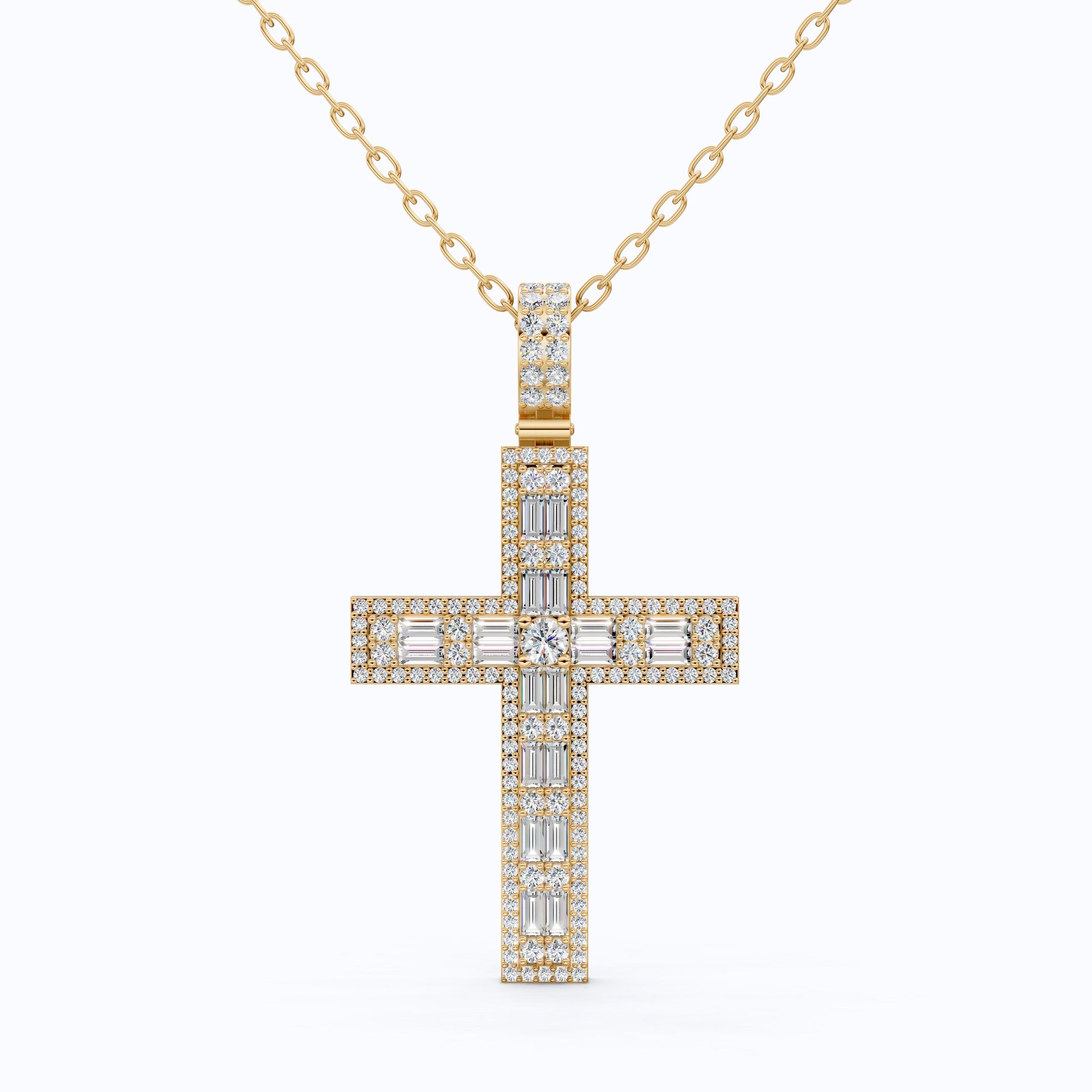 Sculpted Baguette Halo Cross Pendant in 14K Solid Gold, 2.17 TCW Baguette/Round Cut Lab Diamond, Faith Jewelry, Religious Gift For Her, Jesus Cross Pendant