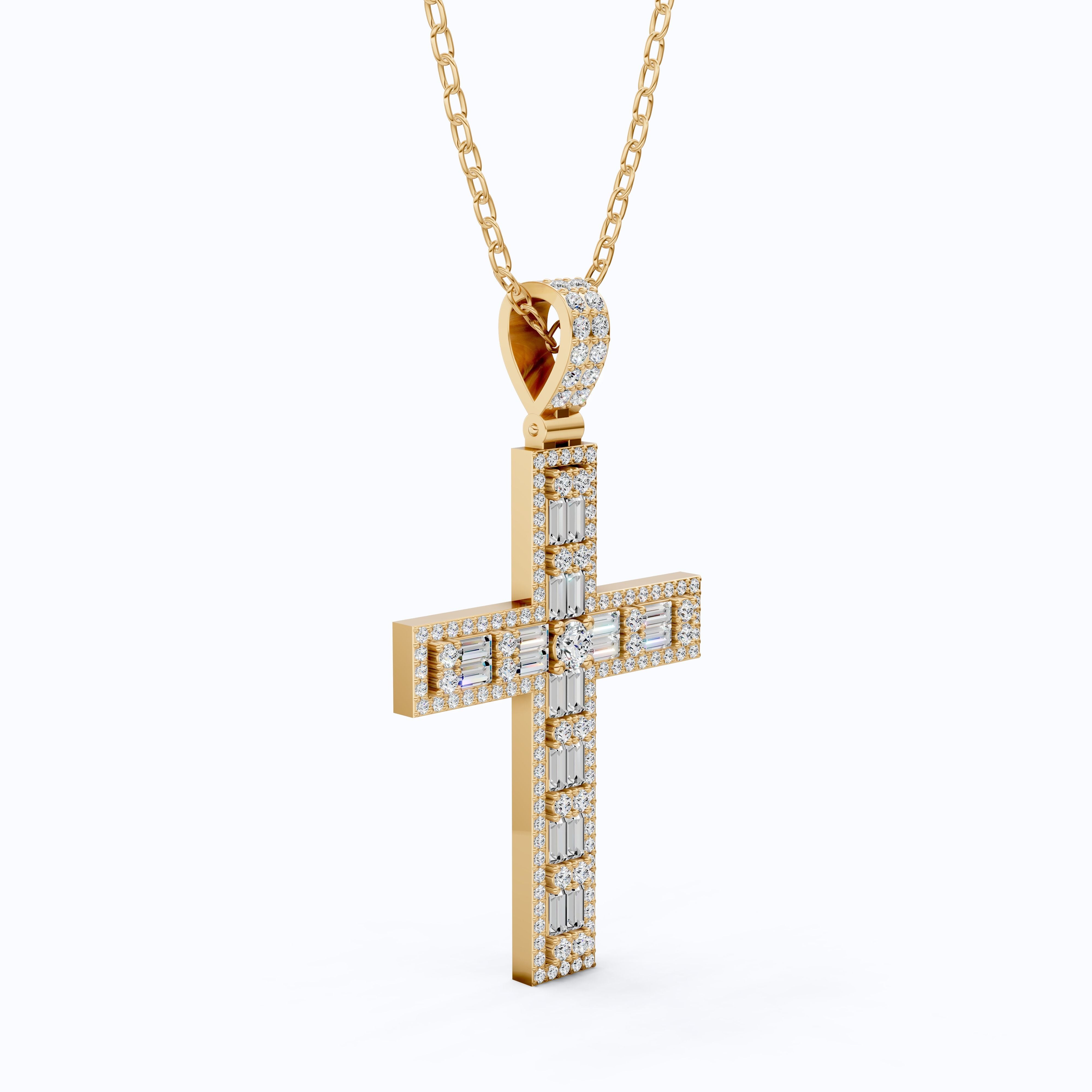 Sculpted Baguette Halo Cross Pendant in 14K Solid Gold, 2.17 TCW Baguette/Round Cut Lab Diamond, Faith Jewelry, Religious Gift For Her, Jesus Cross Pendant