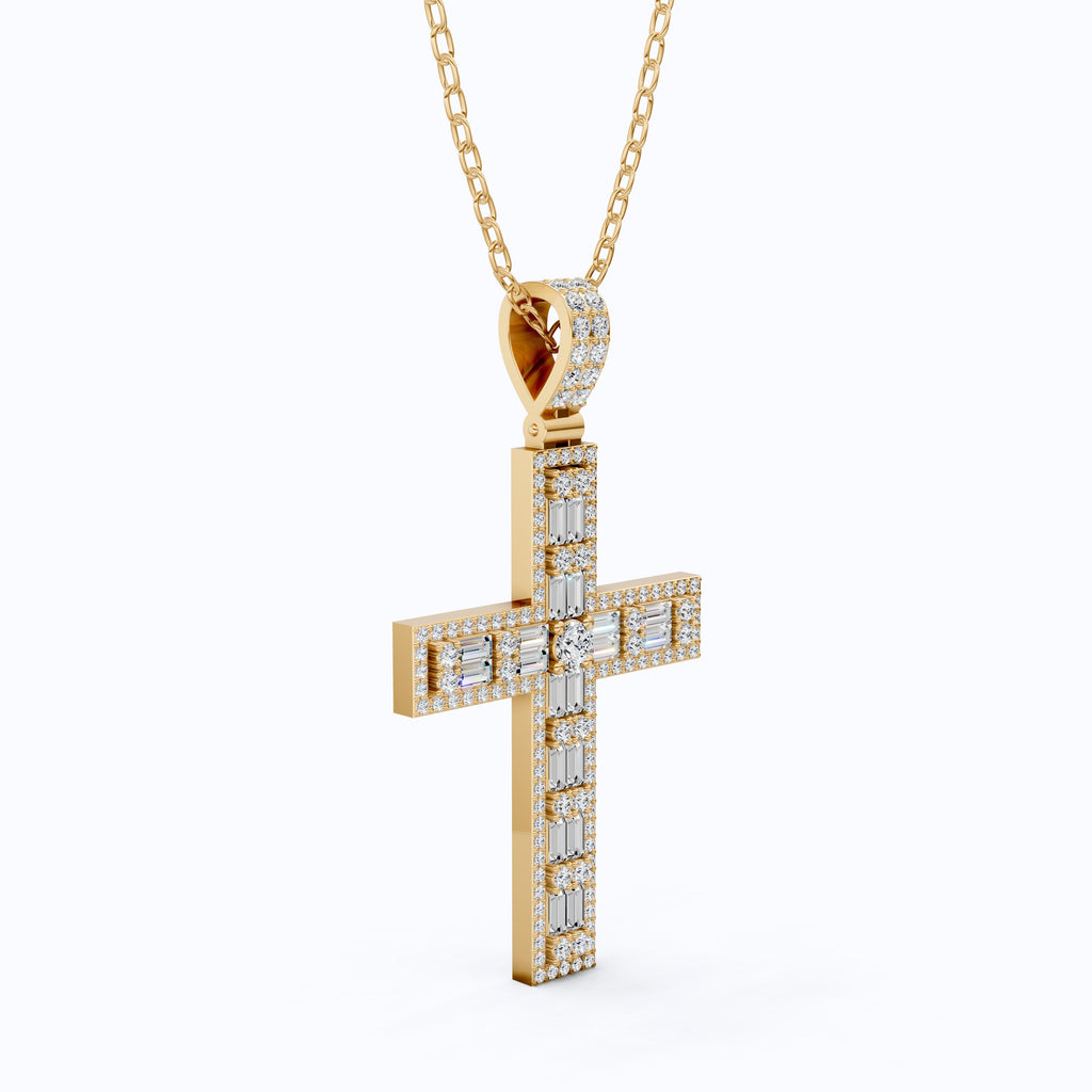 Sculpted Baguette Halo Cross Pendant in 14K Solid Gold, 2.17 TCW Baguette/Round Cut Lab Diamond, Faith Jewelry, Religious Gift For Her, Jesus Cross Pendant