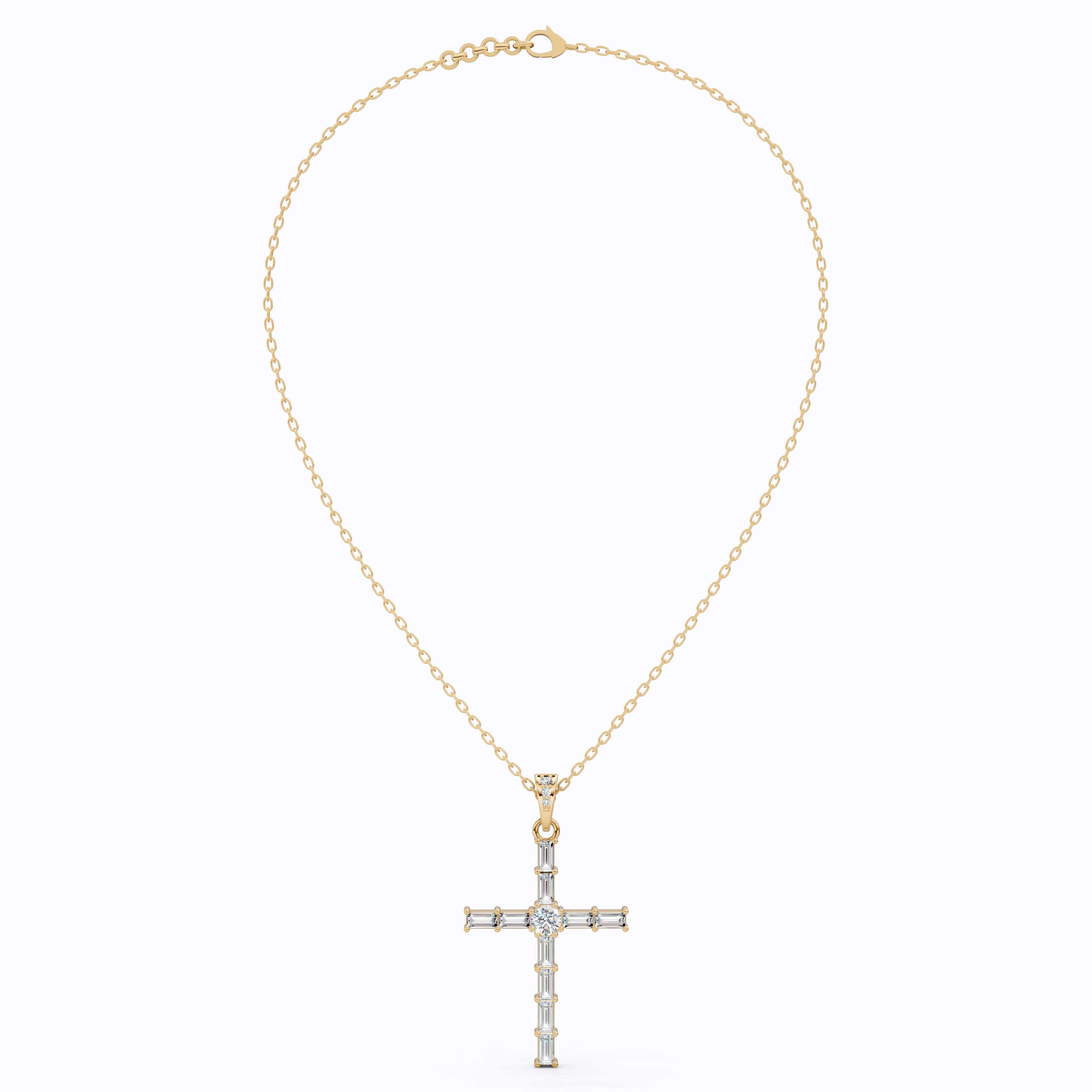 Modern Religious Cross Pendant in 14k Solid Gold, 1.65 TCW Baguette/Round Cut Lab Grown Diamond, Bridal Jewelry, Wedding Gift for Her