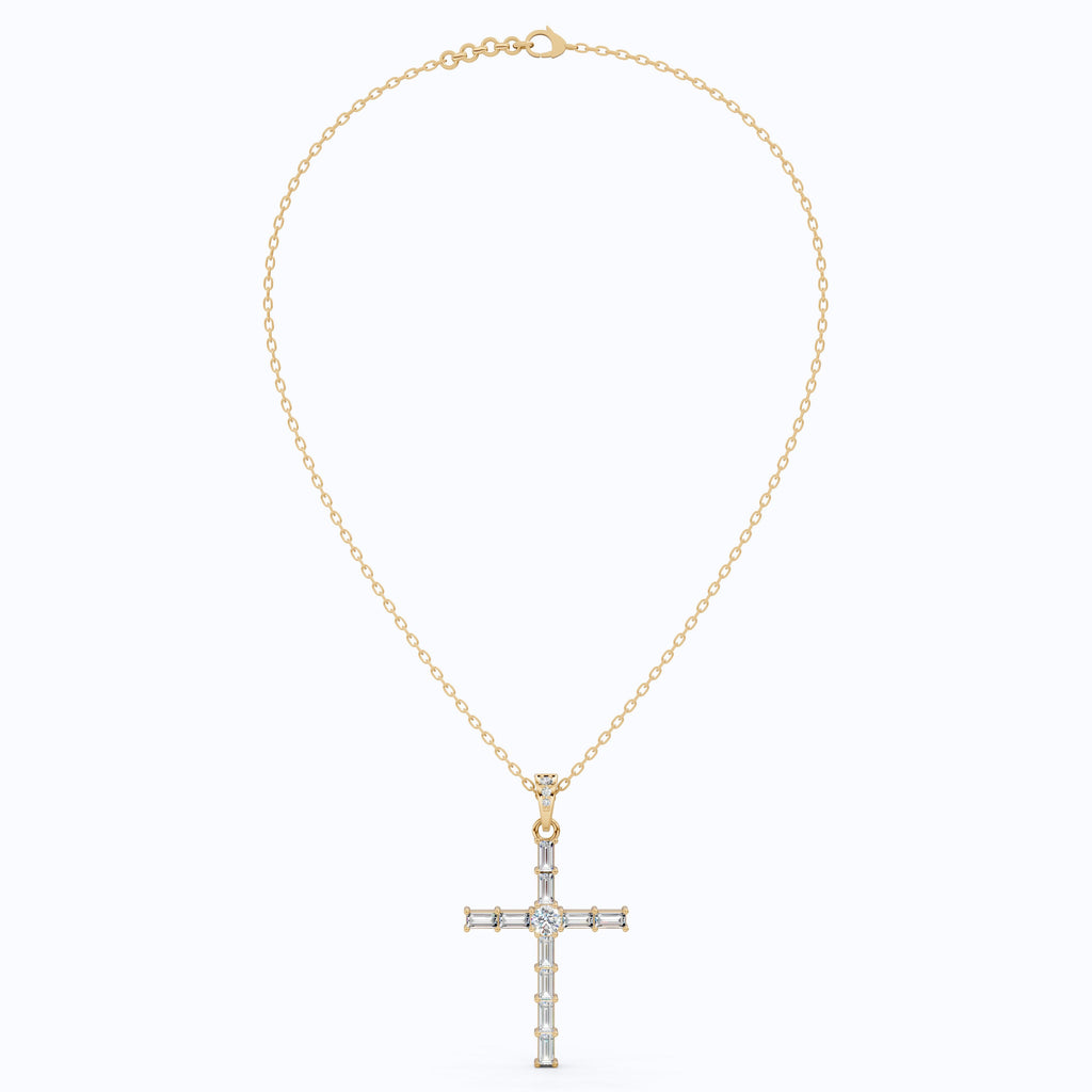 Modern Religious Cross Pendant in 14k Solid Gold, 1.65 TCW Baguette/Round Cut Lab Grown Diamond, Bridal Jewelry, Wedding Gift for Her