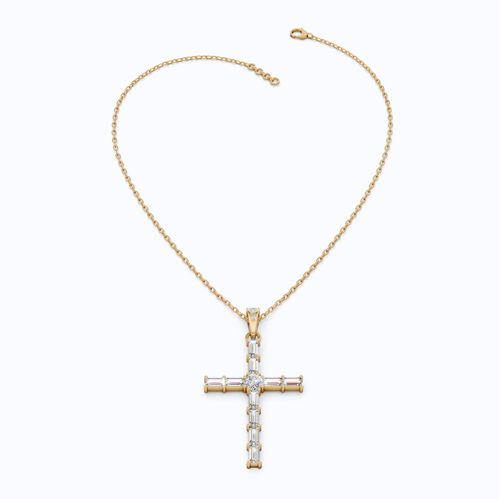 Modern Religious Cross Pendant in 14k Solid Gold, 1.65 TCW Baguette/Round Cut Lab Grown Diamond, Bridal Jewelry, Wedding Gift for Her