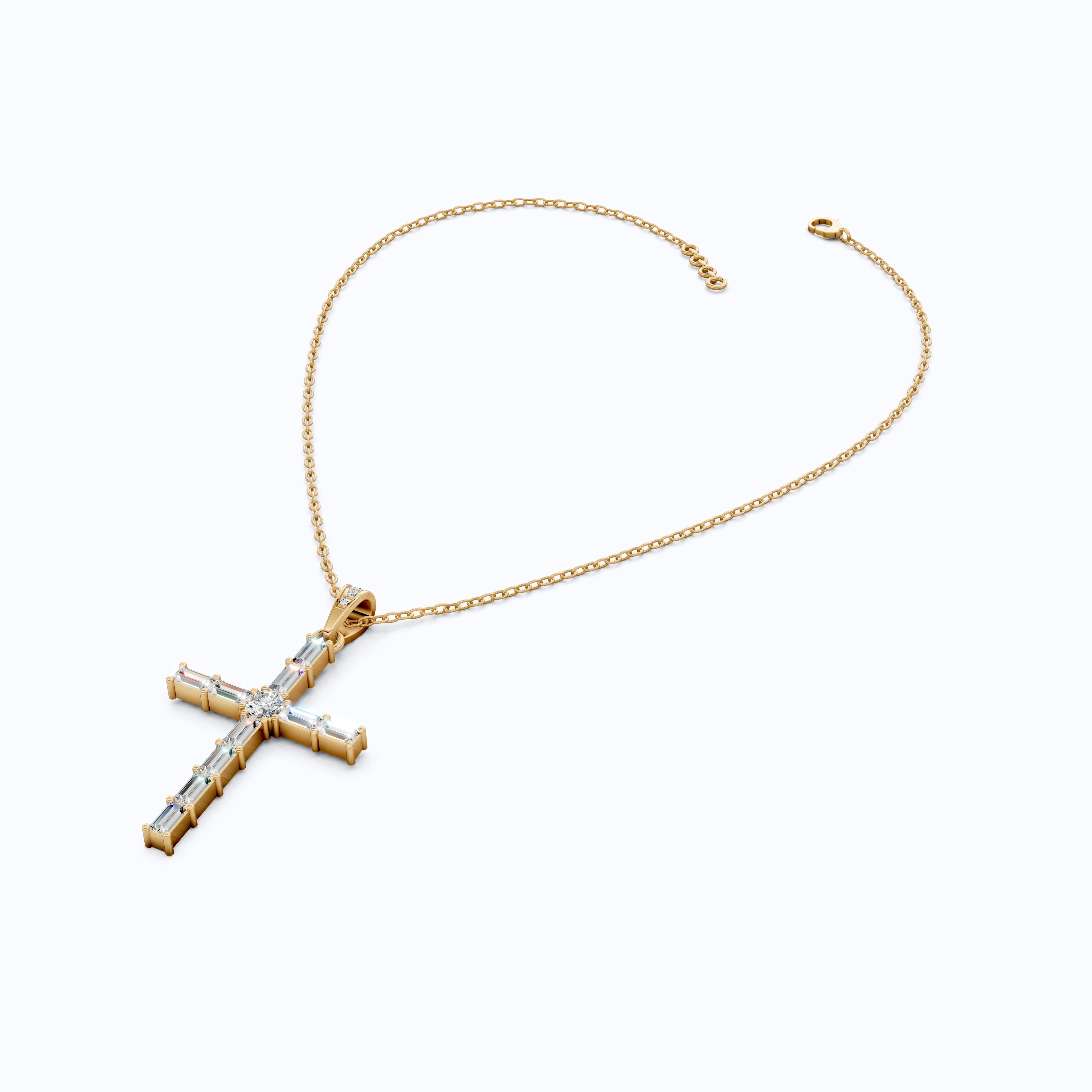 Modern Religious Cross Pendant in 14k Solid Gold, 1.65 TCW Baguette/Round Cut Lab Grown Diamond, Bridal Jewelry, Wedding Gift for Her