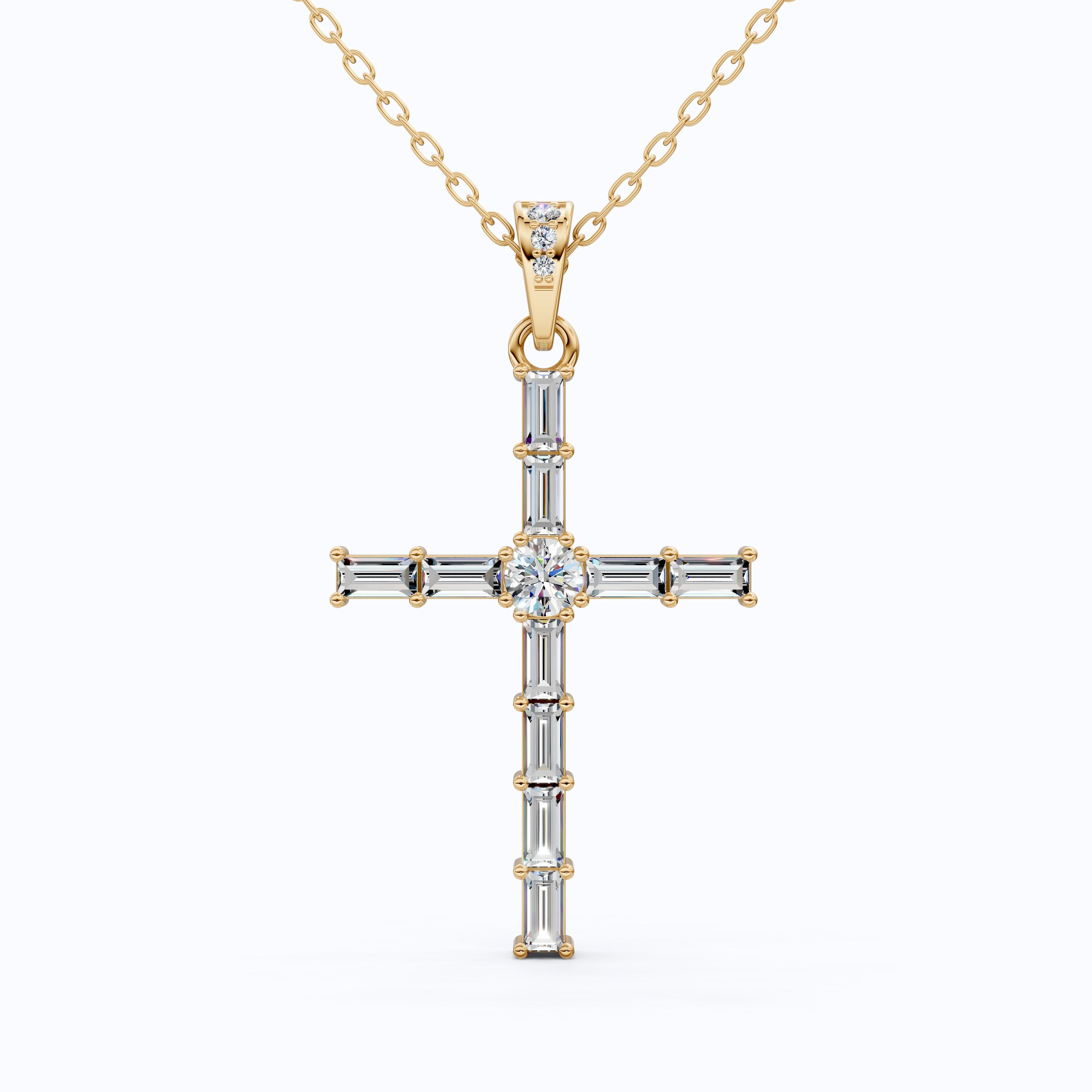 Modern Religious Cross Pendant in 14k Solid Gold, 1.65 TCW Baguette/Round Cut Lab Grown Diamond, Bridal Jewelry, Wedding Gift for Her