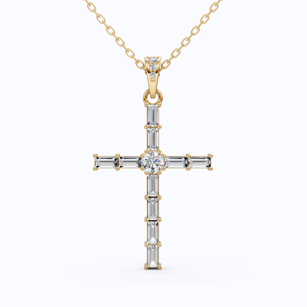 Modern Religious Cross Pendant in 14k Solid Gold, 1.65 TCW Baguette/Round Cut Lab Grown Diamond, Bridal Jewelry, Wedding Gift for Her