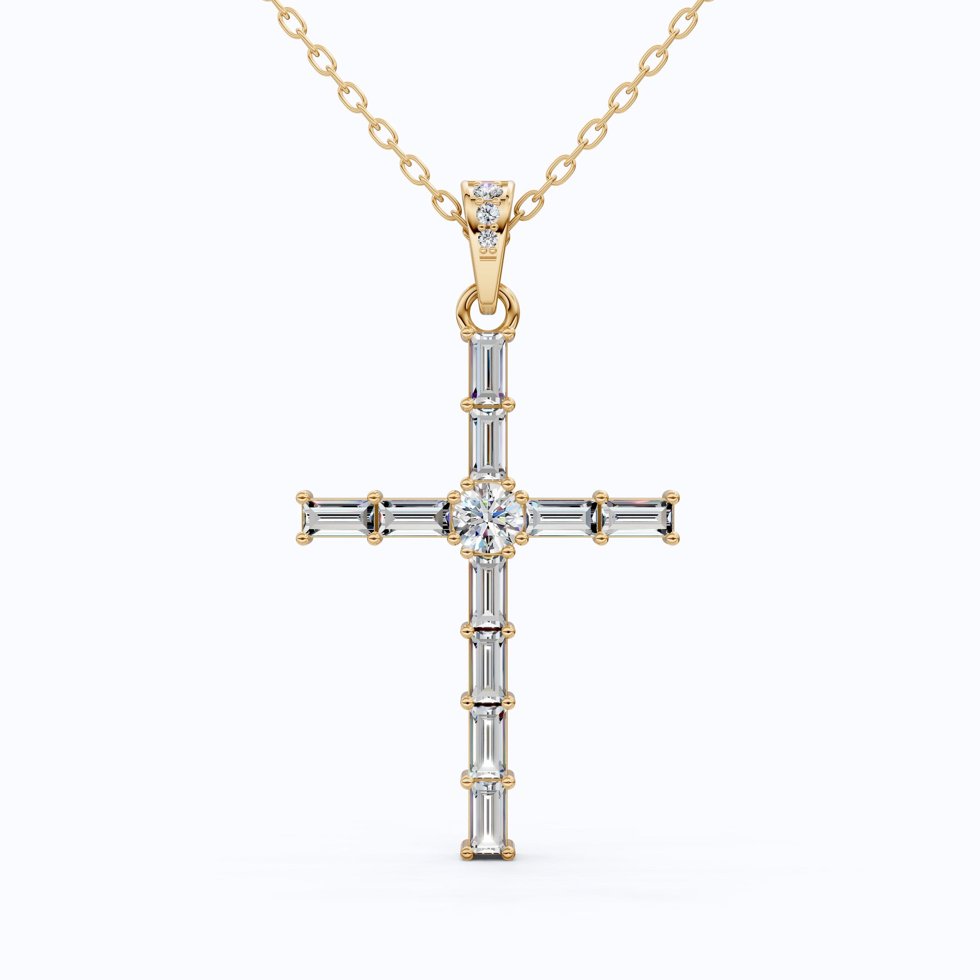 Modern Religious Cross Pendant in 14k Solid Gold, 1.65 TCW Baguette/Round Cut Lab Grown Diamond, Bridal Jewelry, Wedding Gift for Her