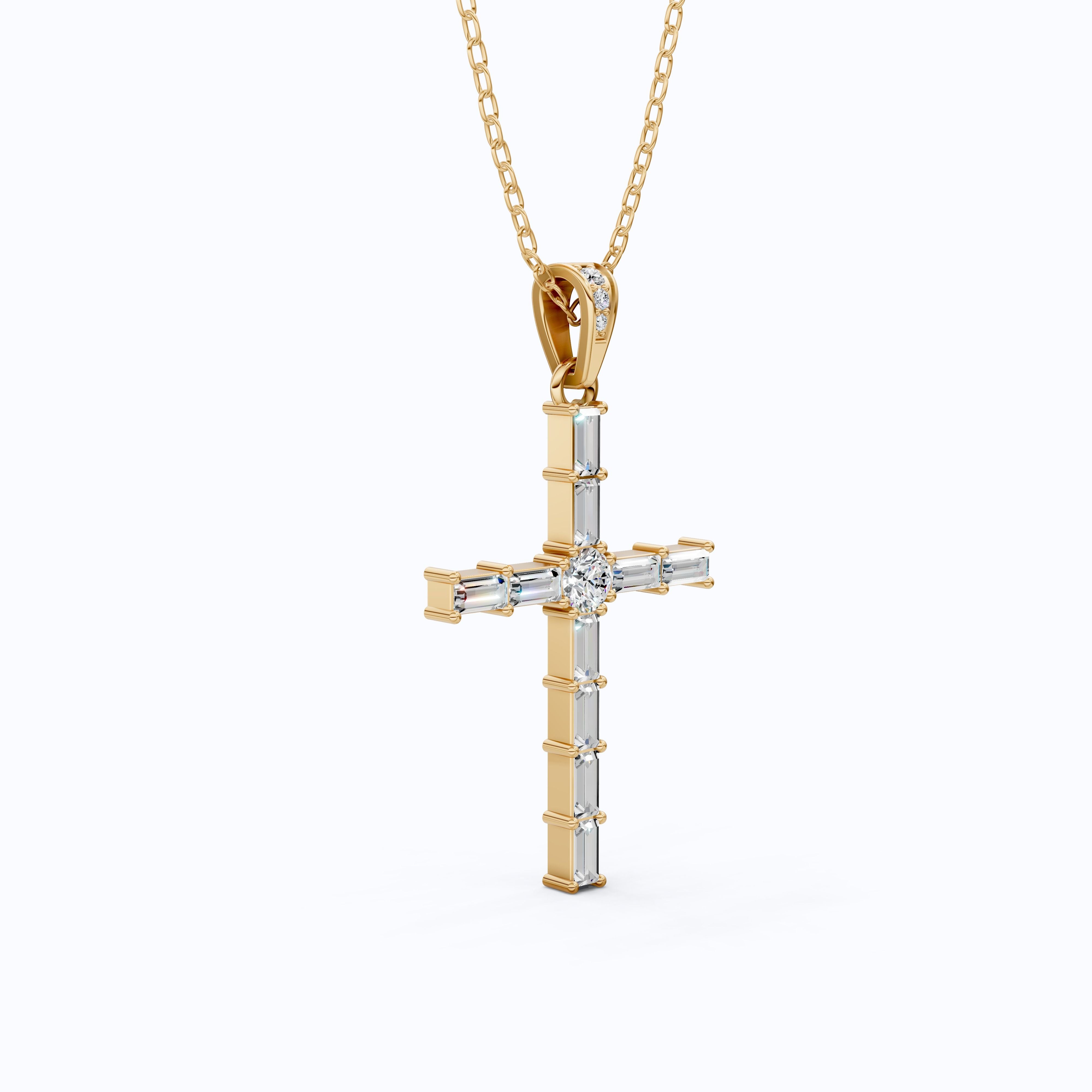 Modern Religious Cross Pendant in 14k Solid Gold, 1.65 TCW Baguette/Round Cut Lab Grown Diamond, Bridal Jewelry, Wedding Gift for Her