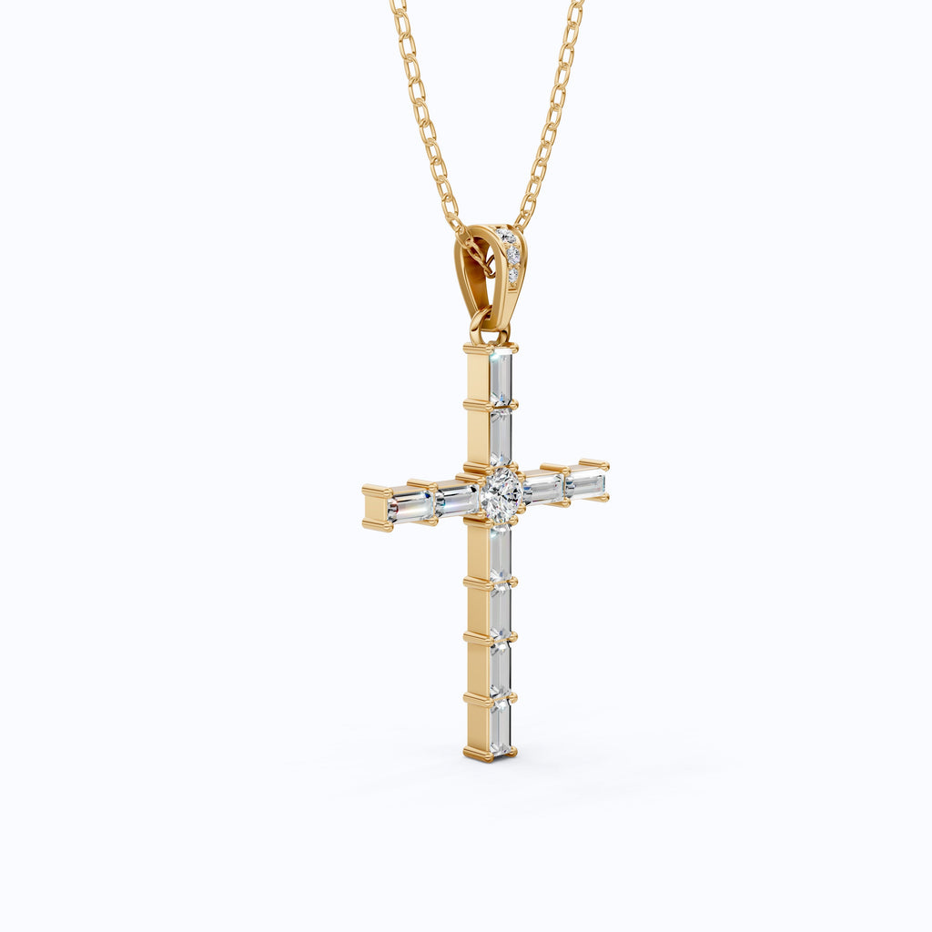 Modern Religious Cross Pendant in 14k Solid Gold, 1.65 TCW Baguette/Round Cut Lab Grown Diamond, Bridal Jewelry, Wedding Gift for Her